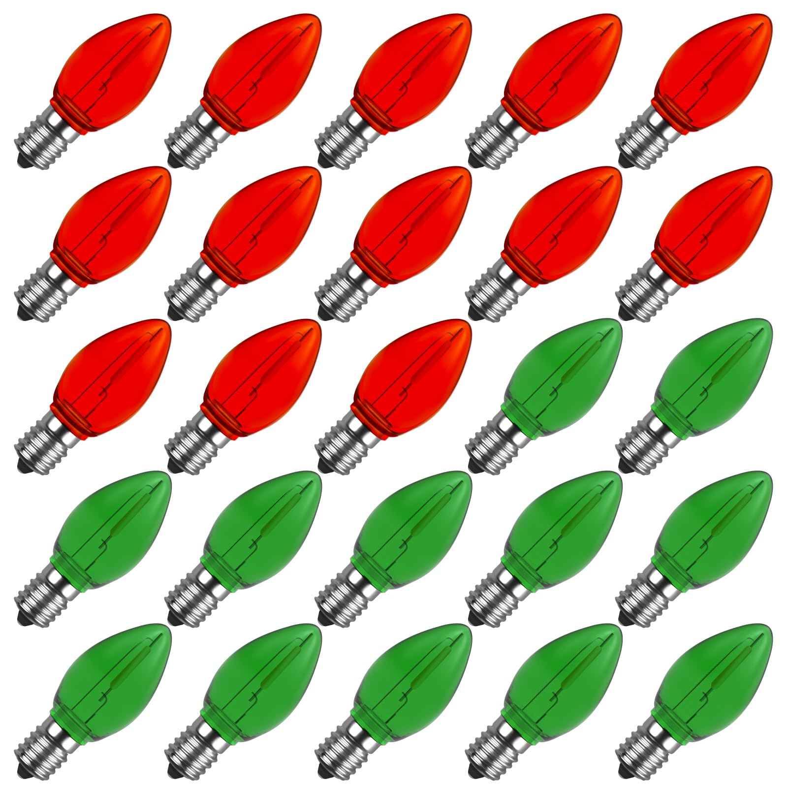 Meconard C7 Led Replacement Christmas Light Bulb, C7 Shatterproof Led Bulbs for Christmas Indoor Outdoor String Lights, E12 Candelabra Base Red Light Bulbs Green Light Bulb, 25 Pack