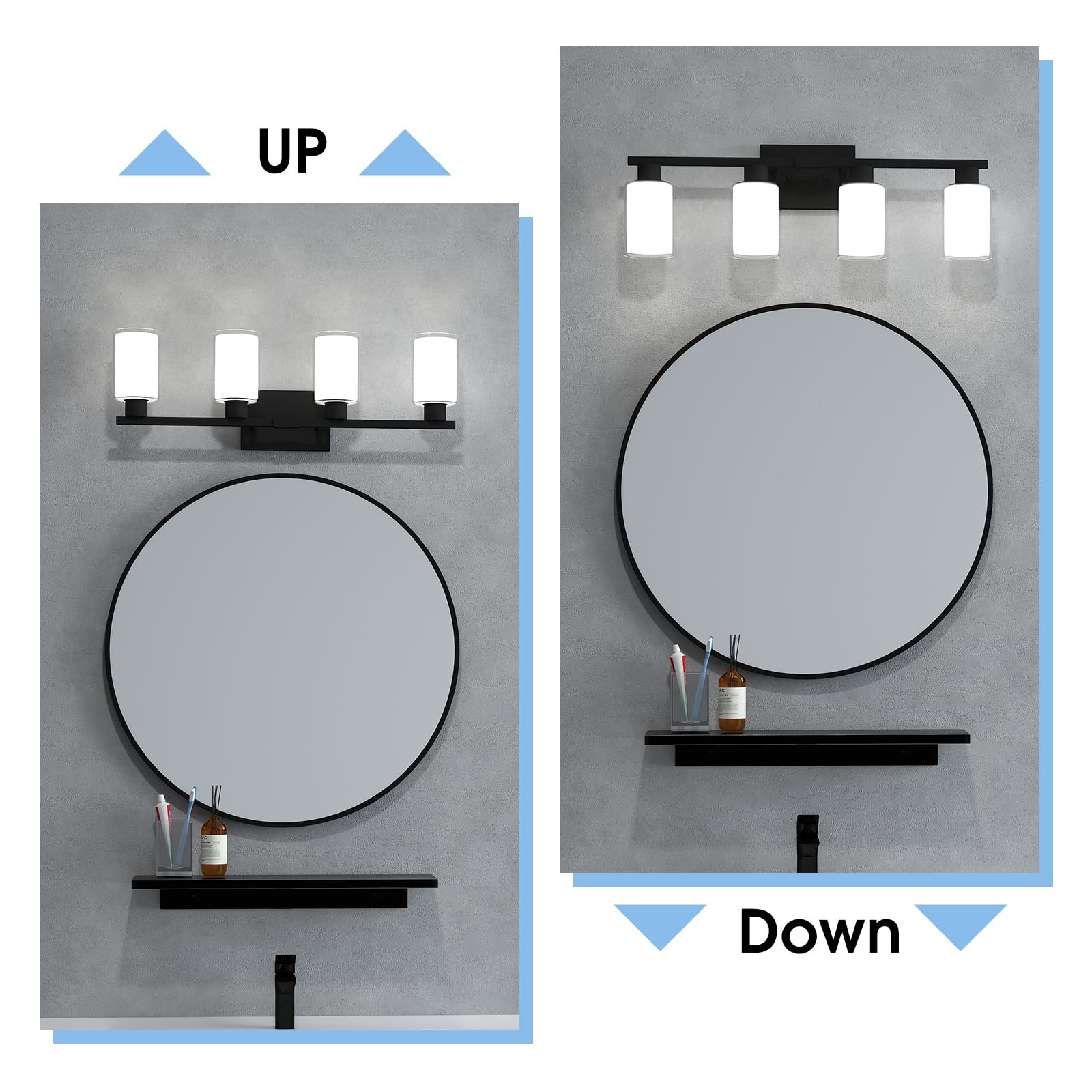 Black Bathroom Light Fixtures Over Mirror, 4 Lights Matte Black Vanity Lights, Modern Black Bathroom Vanity Lights With White Glass And Clear Glass Shades, Bath Wall Sconces Lighting For Living Room