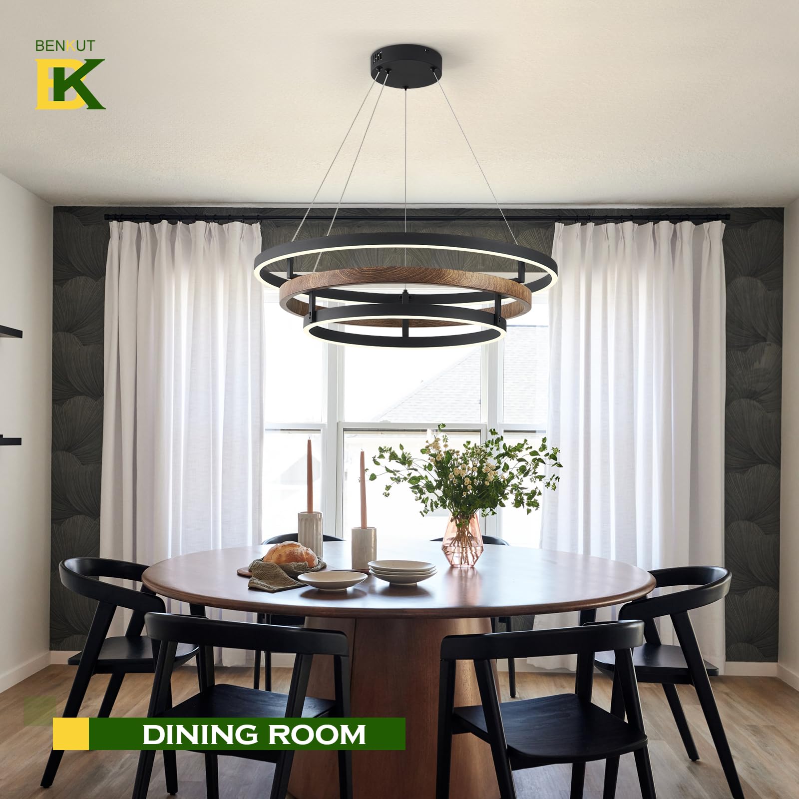 Benkut 3 Rings Modern Led Chandelier Black Dimmable Circular Pendant Light For Dining Room  Foyer Chandelier With Remote Control Flush Mount High Ceiling Light For Kitchen Living Room  D30.7In