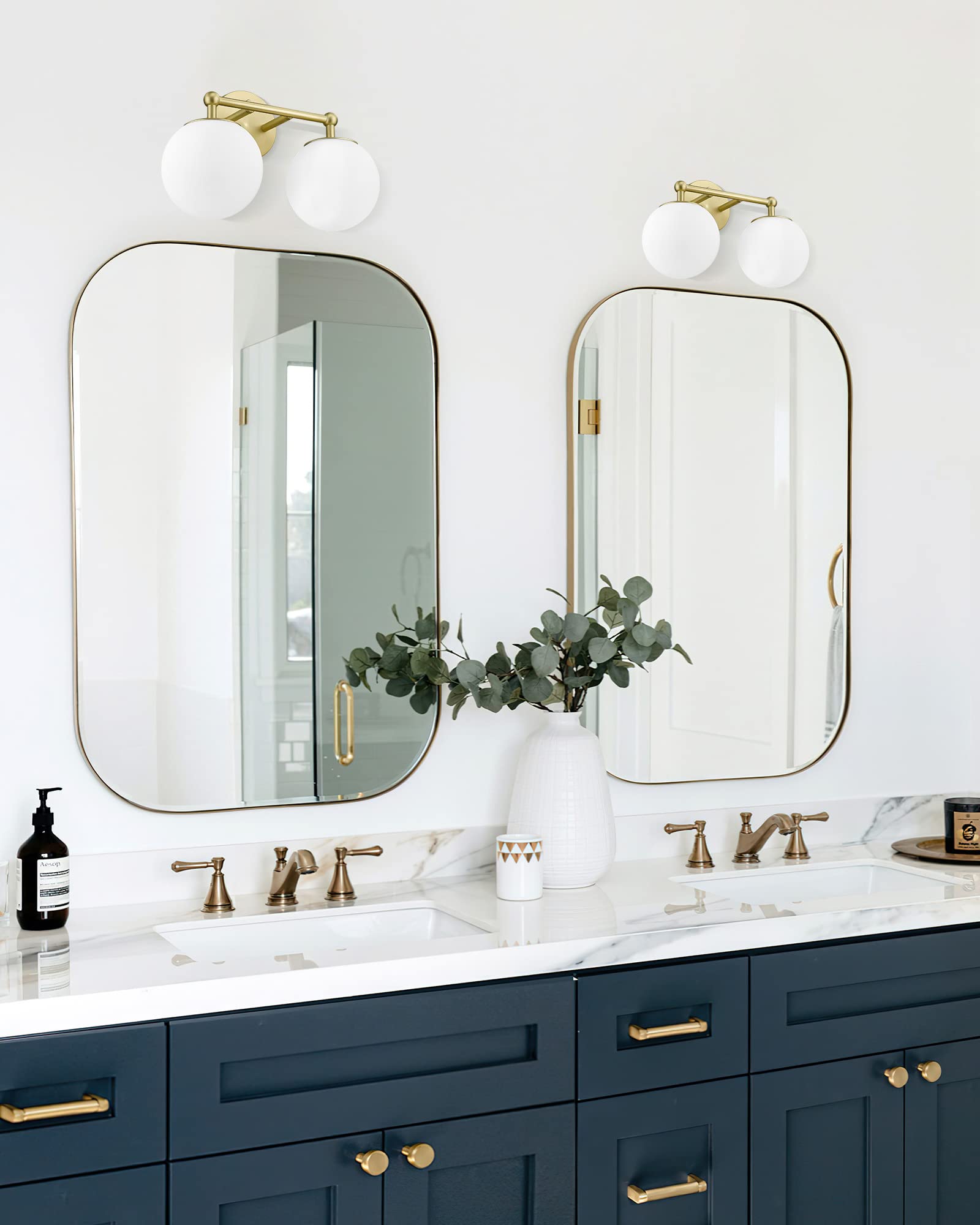 Akezon Gold Bathroom Light Fixtures, 2-Light Vanity Lights Over Mirror Wall Sconce With White Etched Glass Globe, Kw-7308-2