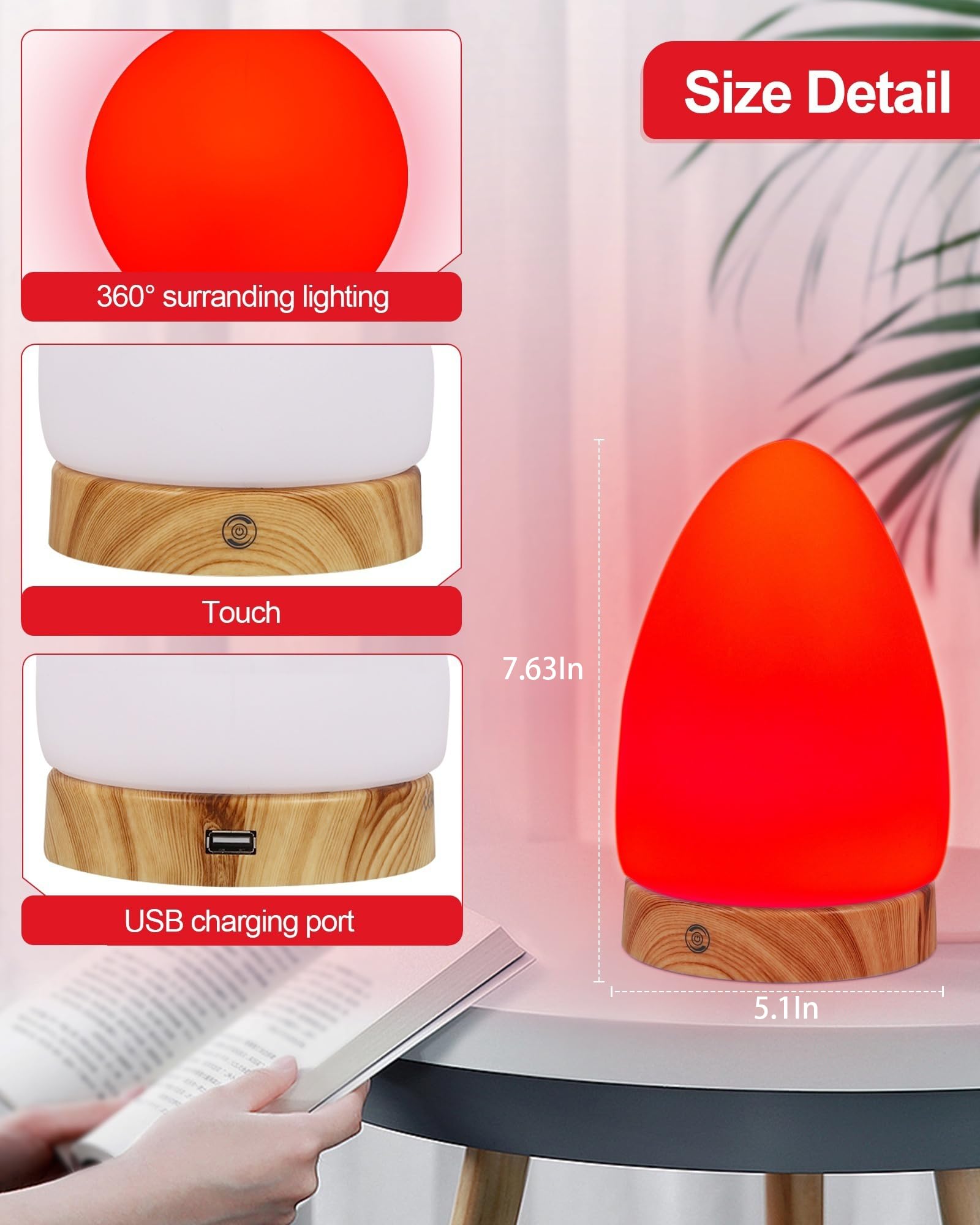 Aoife Red Light Night Lamp - USB Charging, Remote Control, 670nm Wavelength, Elegant Design, Red-EggGlow