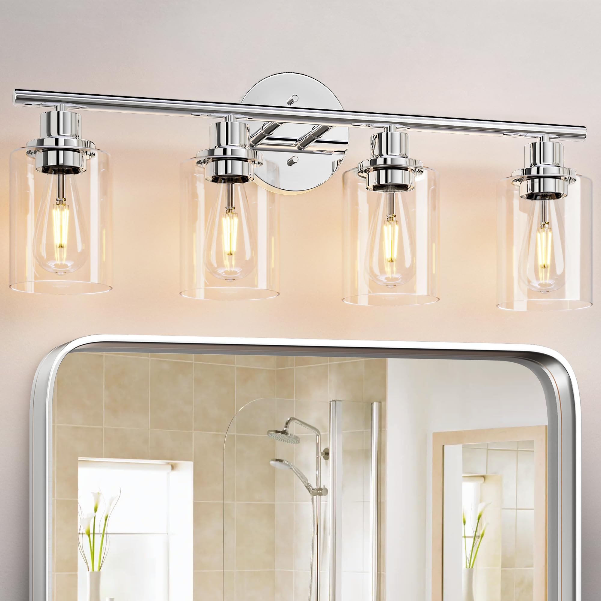 Weyderk Chrome Bathroom Vanity Light - 4 Light Bathroom Light Fixture With Clear Glass Shades, Ul Certification & E26 Base, Chrome Bathroom Vanity Lights Over Mirror For Bathroom