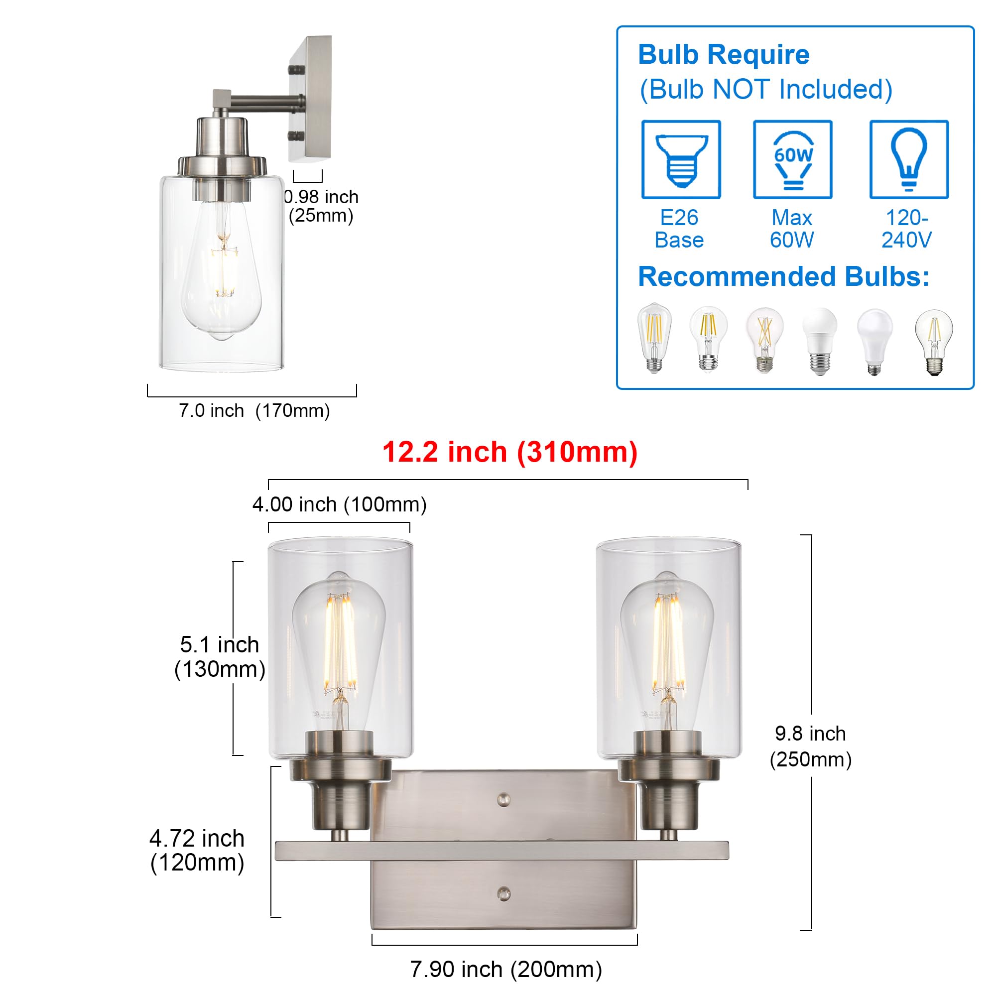 MELUCEE 2-Light Metal Wall Lights, Clear Glass Shade, Brushed Nickel, Modern Vanity Sconces for Bathroom, Hallway, Kitchen (Model: 450-2W-SN