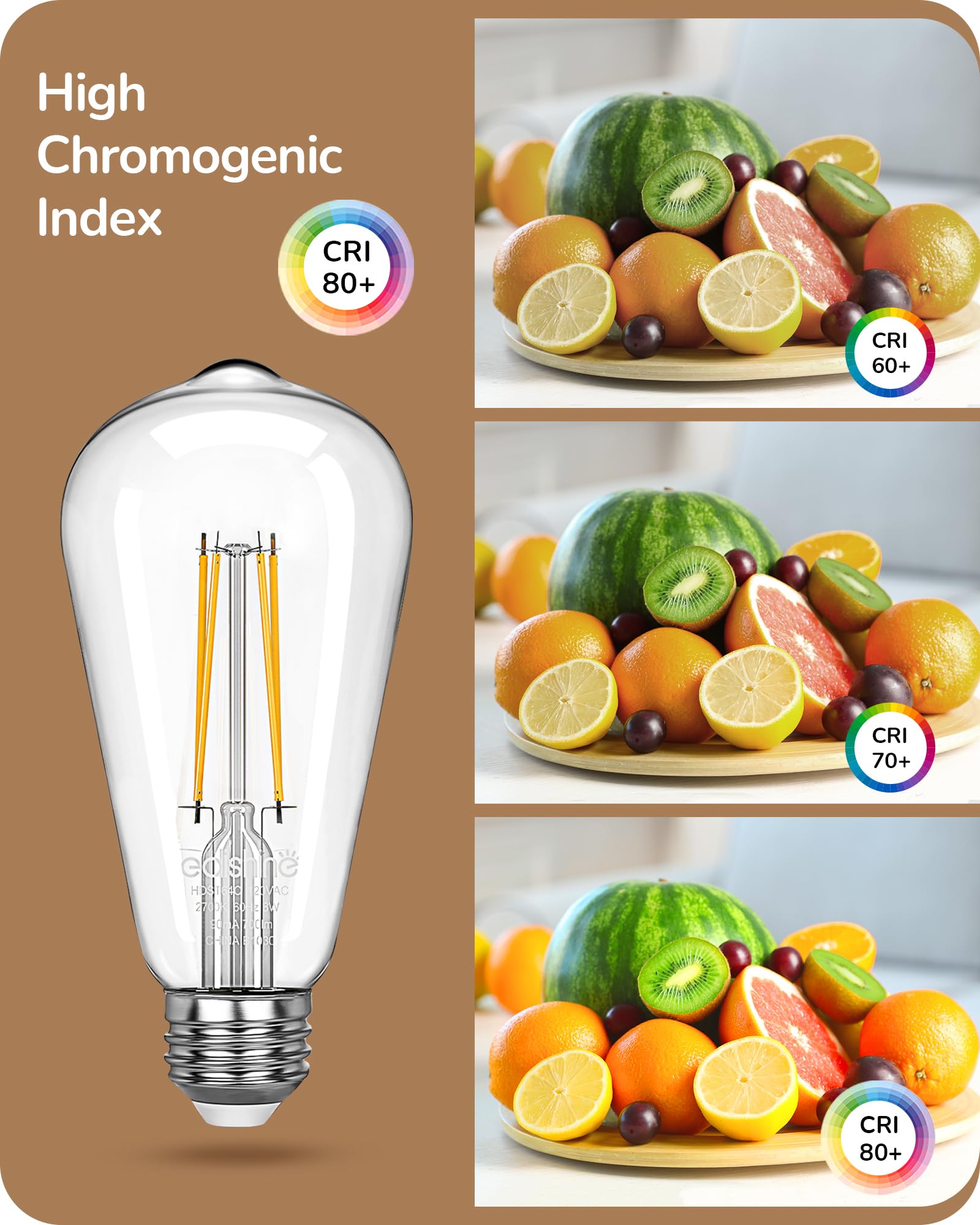 Edishine 6 Pack Vintage Led Edison Bulbs 8W Equivalent 60W, St64 Dimmable Led Light Bulbs, 700Lm 2700K Warm White Light E26 Base