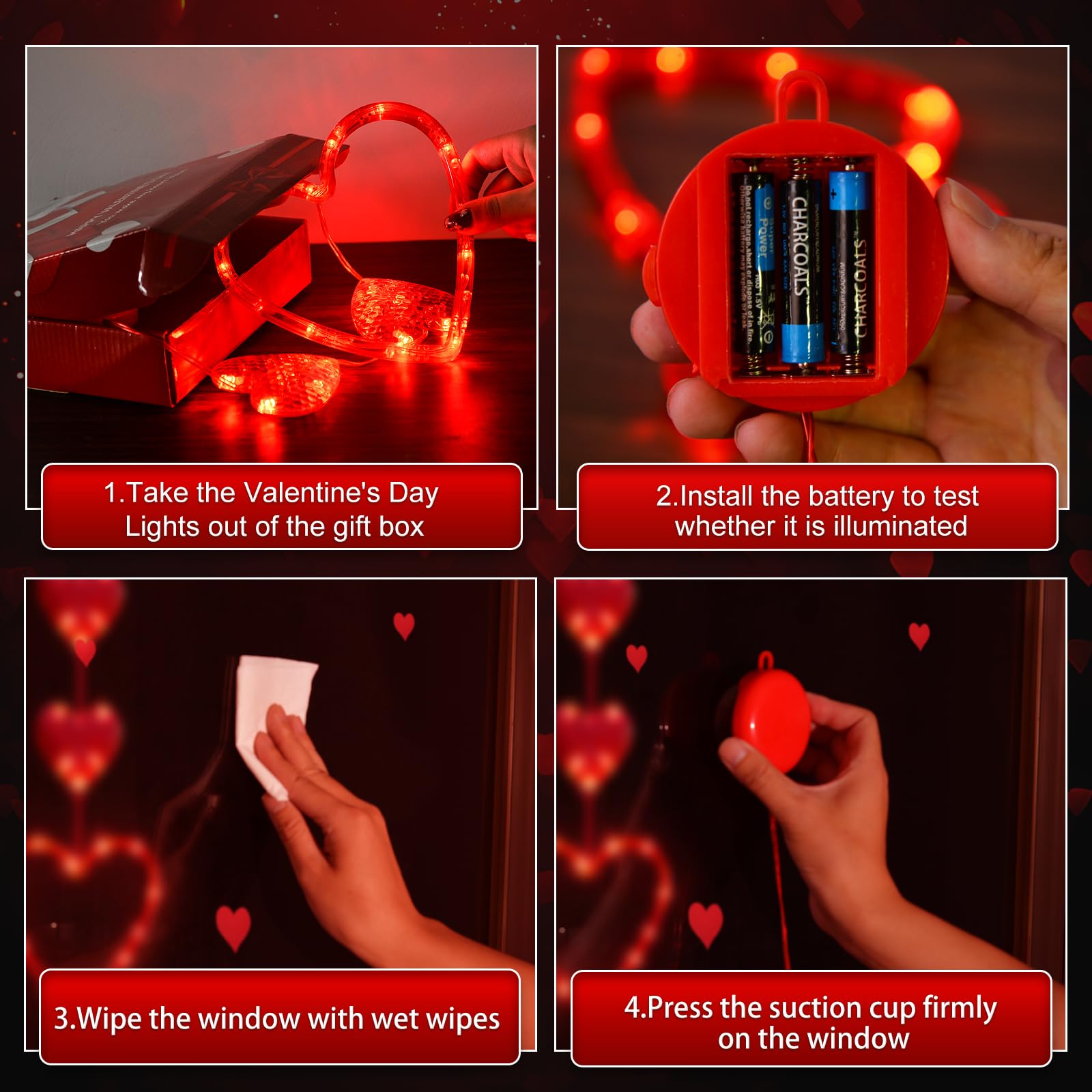 LYUBASA 3 Pack Valentines Day Window Lights Decorations with Timer, Battery Powered Hanging Red Lighted Heart Shaped Silhouette
