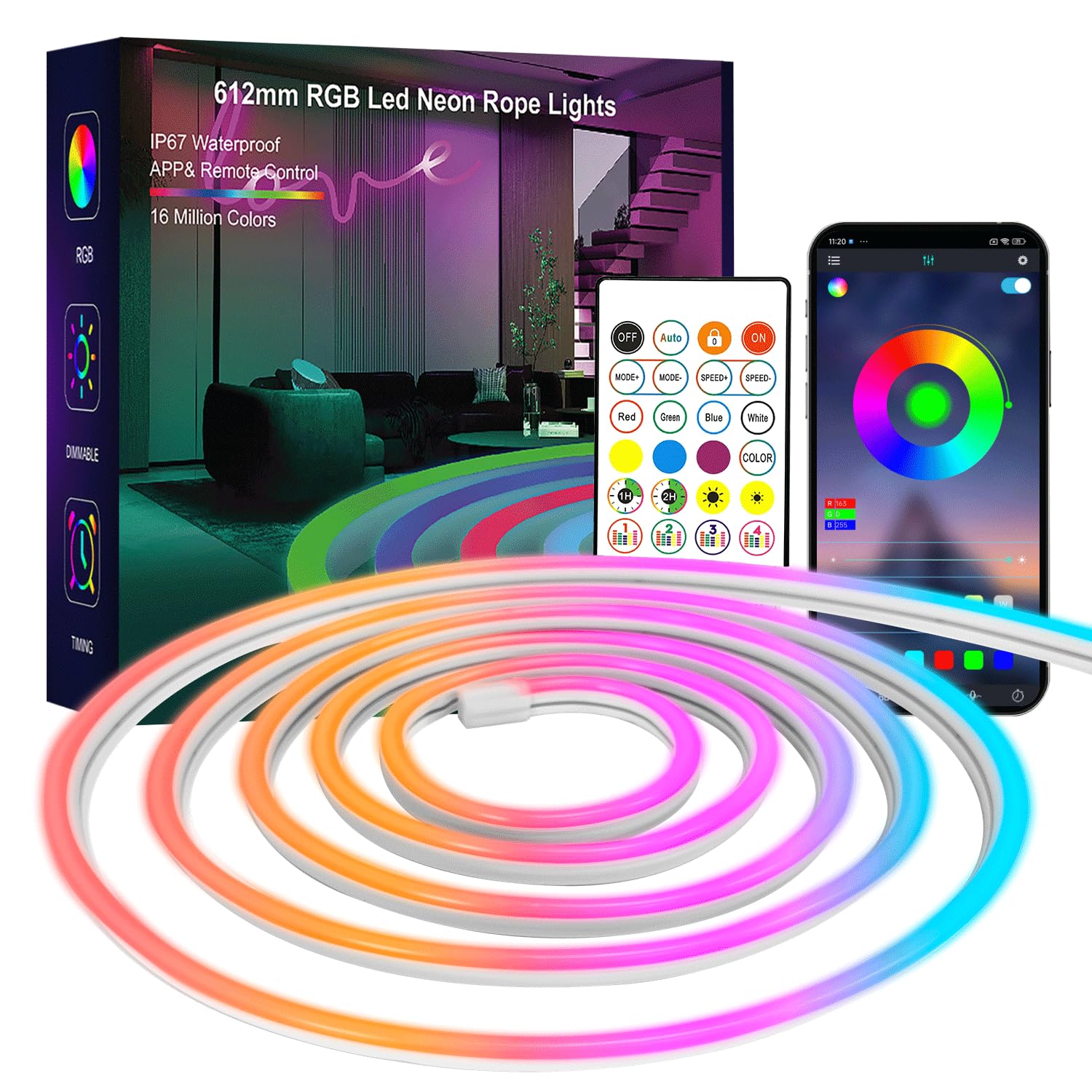 SILFU Neon Rope Lights, 20FT RGB Led Strip Lights, Waterproof IP67, DIY Design, Music Sync, 24 Keys Remote Control, Multiple Modes,for Living Room, Bedroom, Holiday Decoration