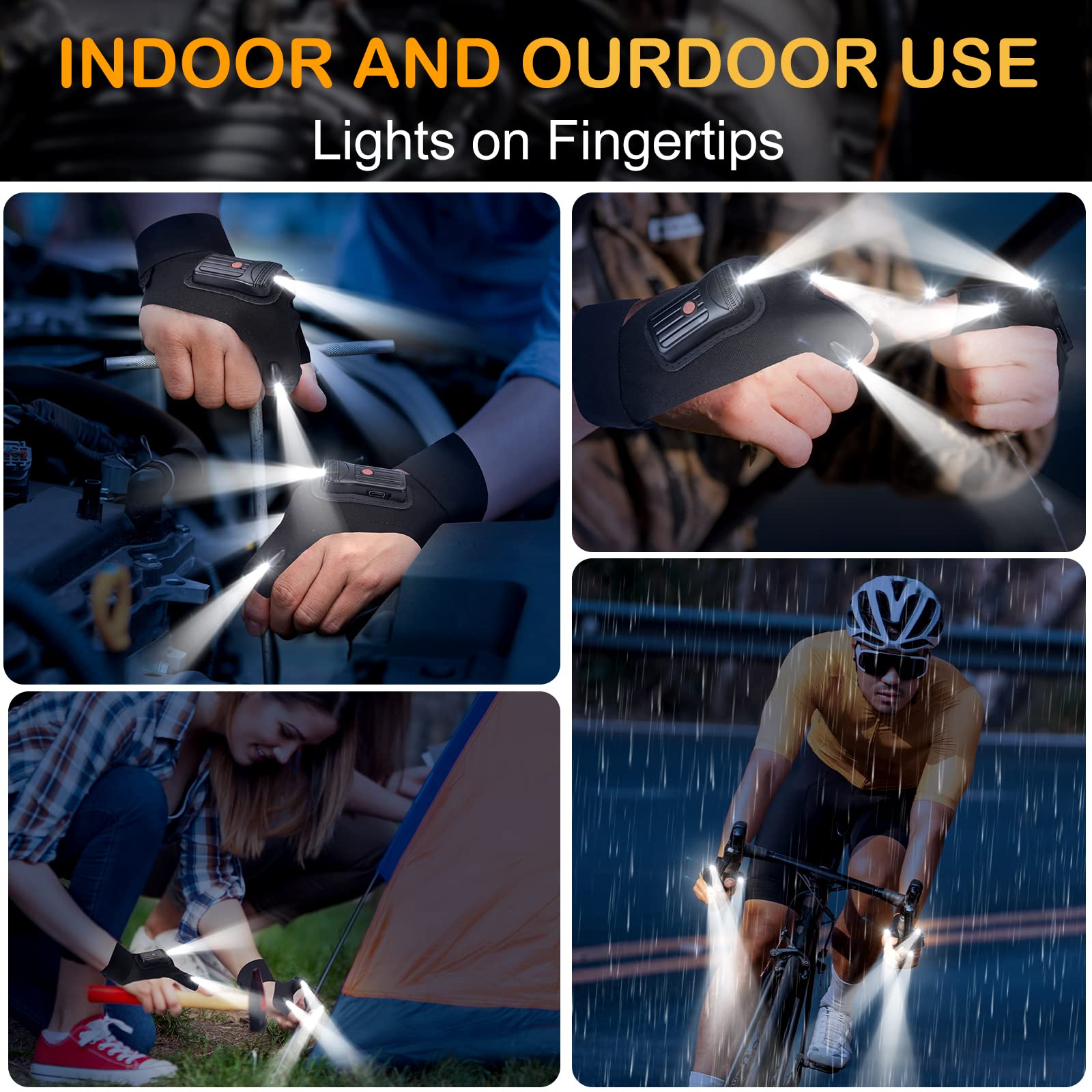 PARIGO Flashlight Gloves for Men, Rechargeable LED, Black, Model PARIGO 3LEDS, Ideal for Fishing, Camping, Repairing, Christmas Gifts