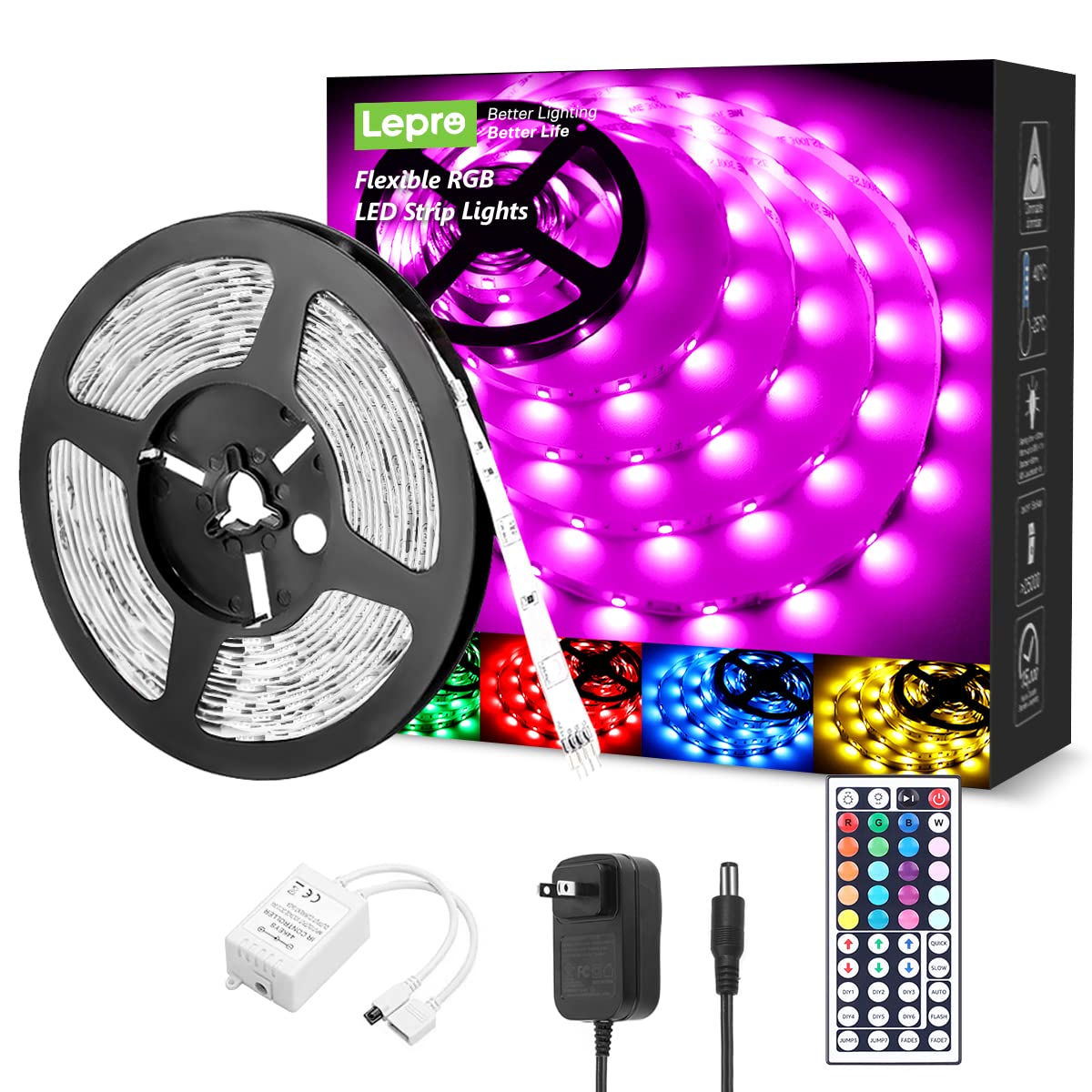 Lepro RGB LED Strip Lights, 16.4ft Flexible 5050 SMD Rope Light with Remote, Christmas Decor, 24V Power Supply