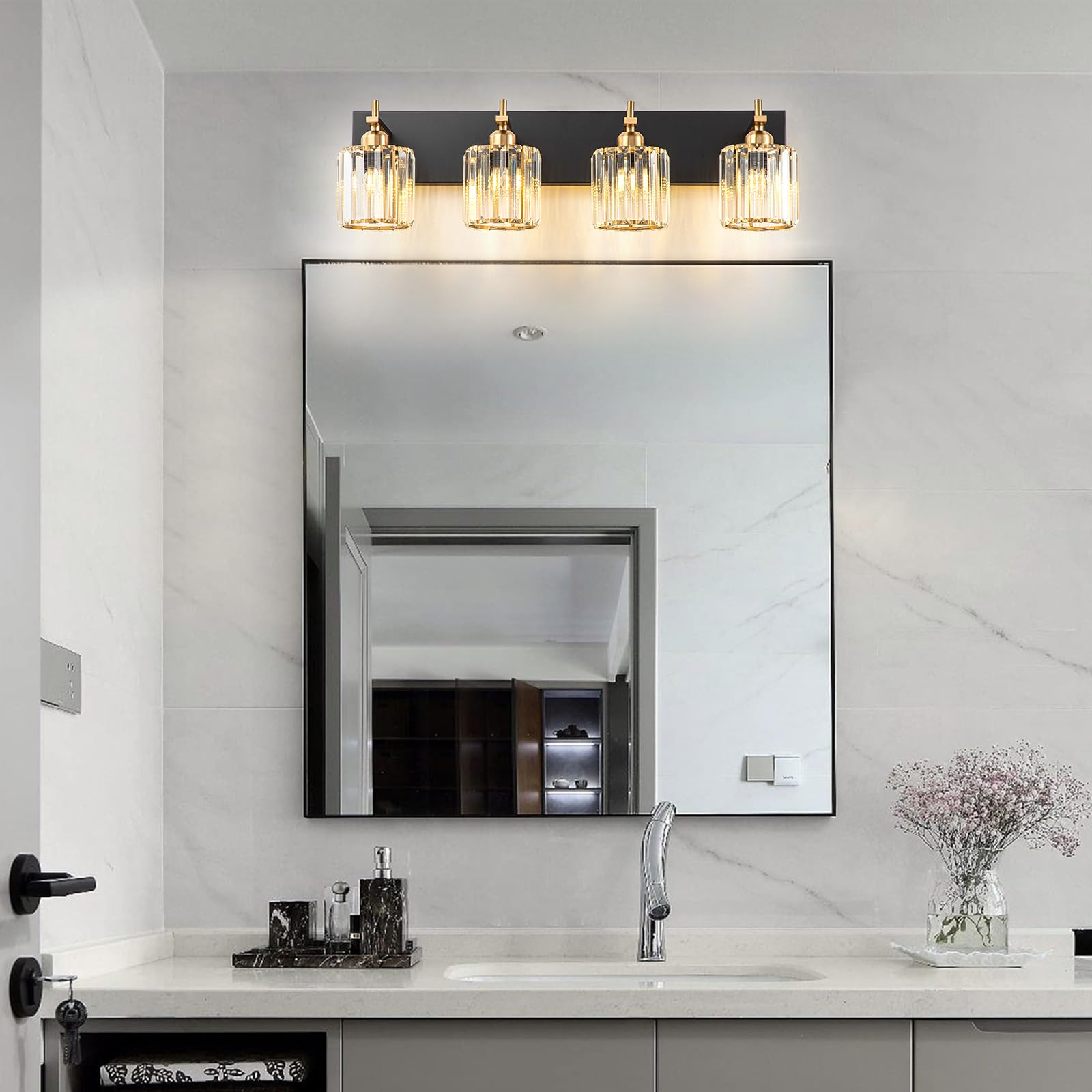 Huoku 4-Light Bathroom Vanity Light, Black Gold Crystal Wall Fixture, Modern Design, Polished Gold Finish