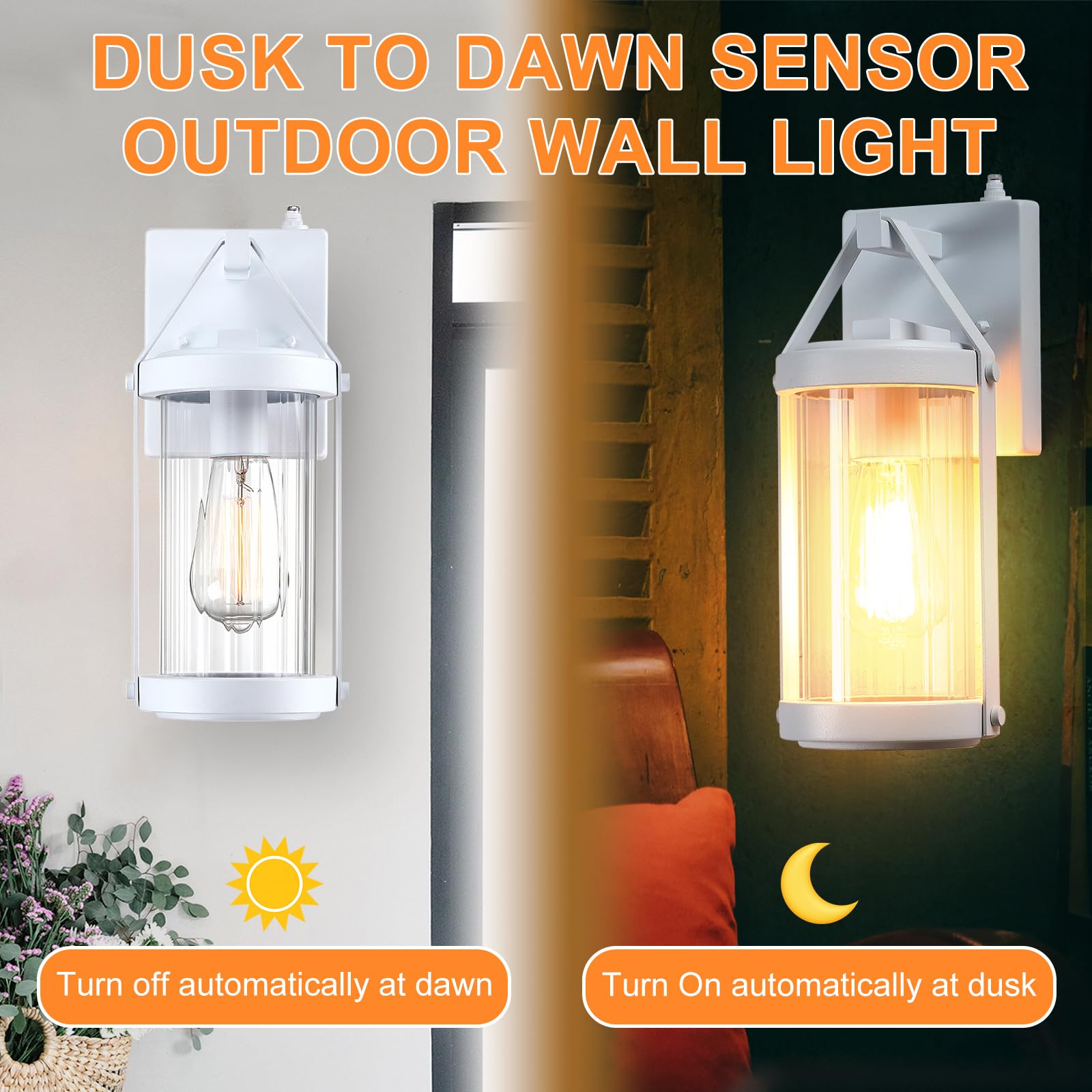 Lonedruid Dusk To Dawn Sensor Outdoor Wall Sconce Lighting White Exterior Porch Lantern Modern Outside Garage Light Fixtures Wat