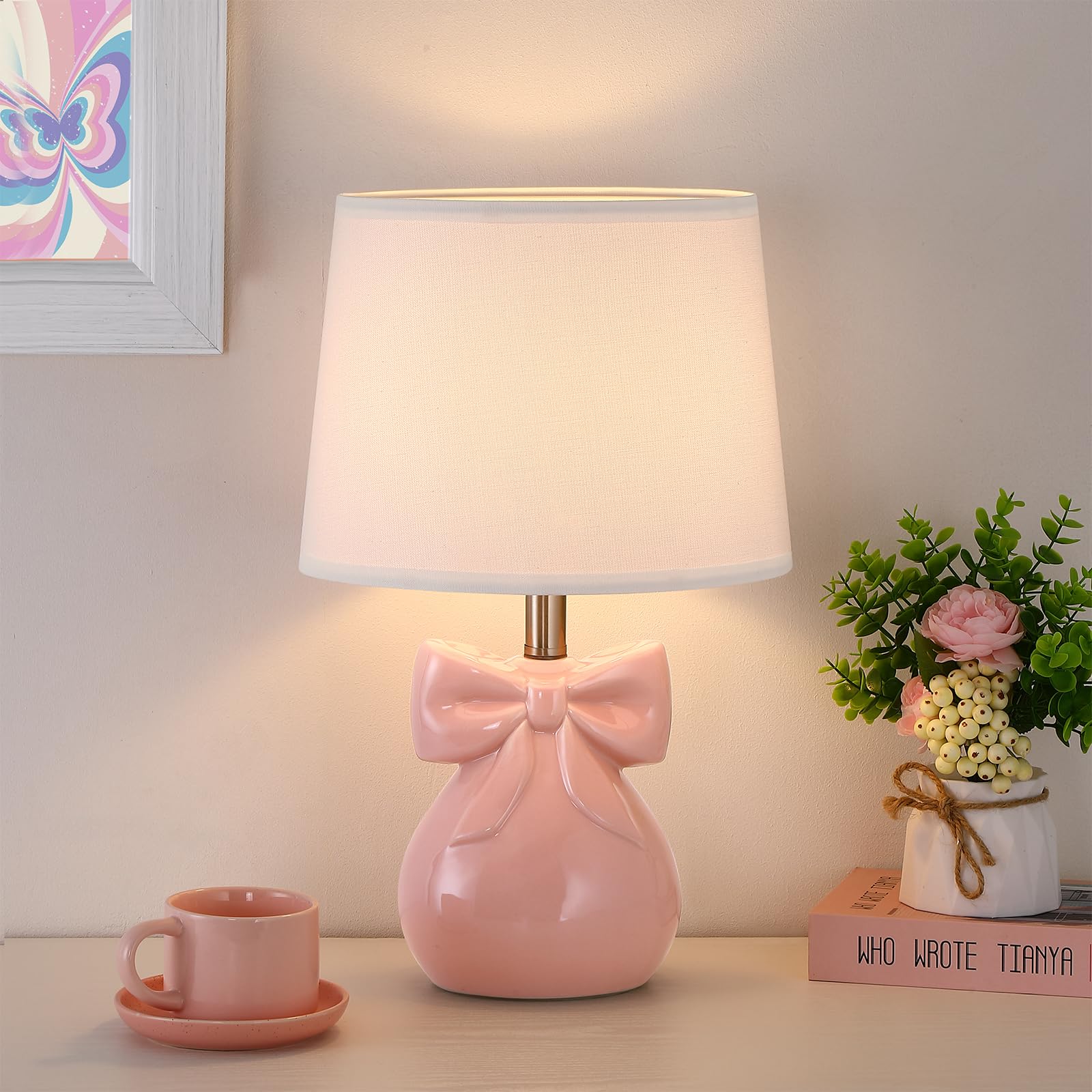 Hapcrea Pink Bow Table Lamp for Girls Room  19 Ceramic Cute Lamp for Bedroom  Classic Bedside Lamp for Nightstand  Modern Table Lamp for Living Room with Rotary Swtich (Bulb Included)