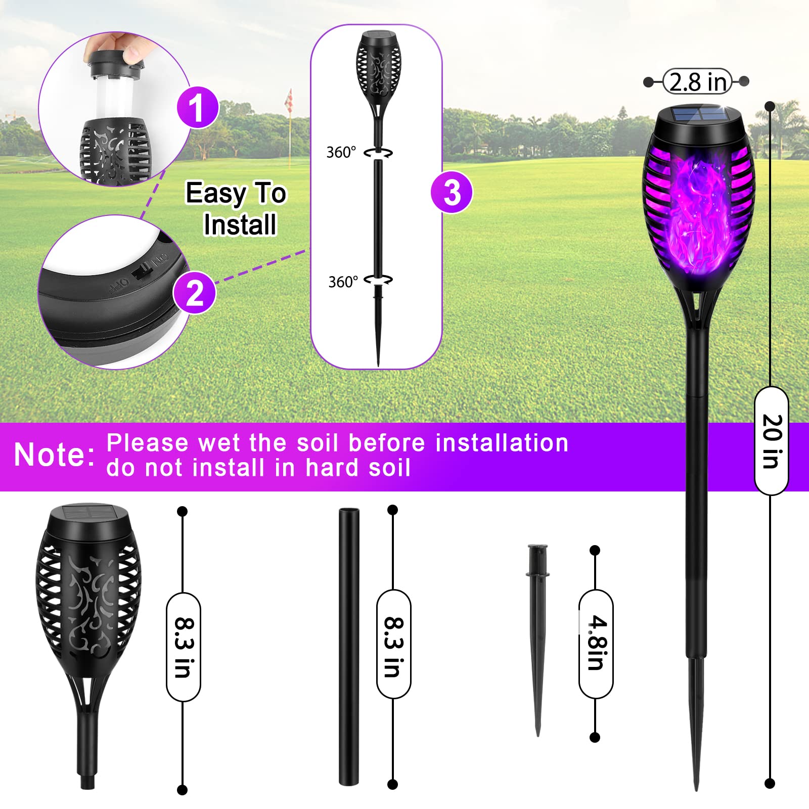 Tancuzo Solar Lights Outdoor Waterproof Purple, Upgraded 6 Pack Solar Tiki Torches With Flickering Flame For Garden Decor, Solar Outdoor Landscape Lights For Porch Yard Pathway Halloween Decorations