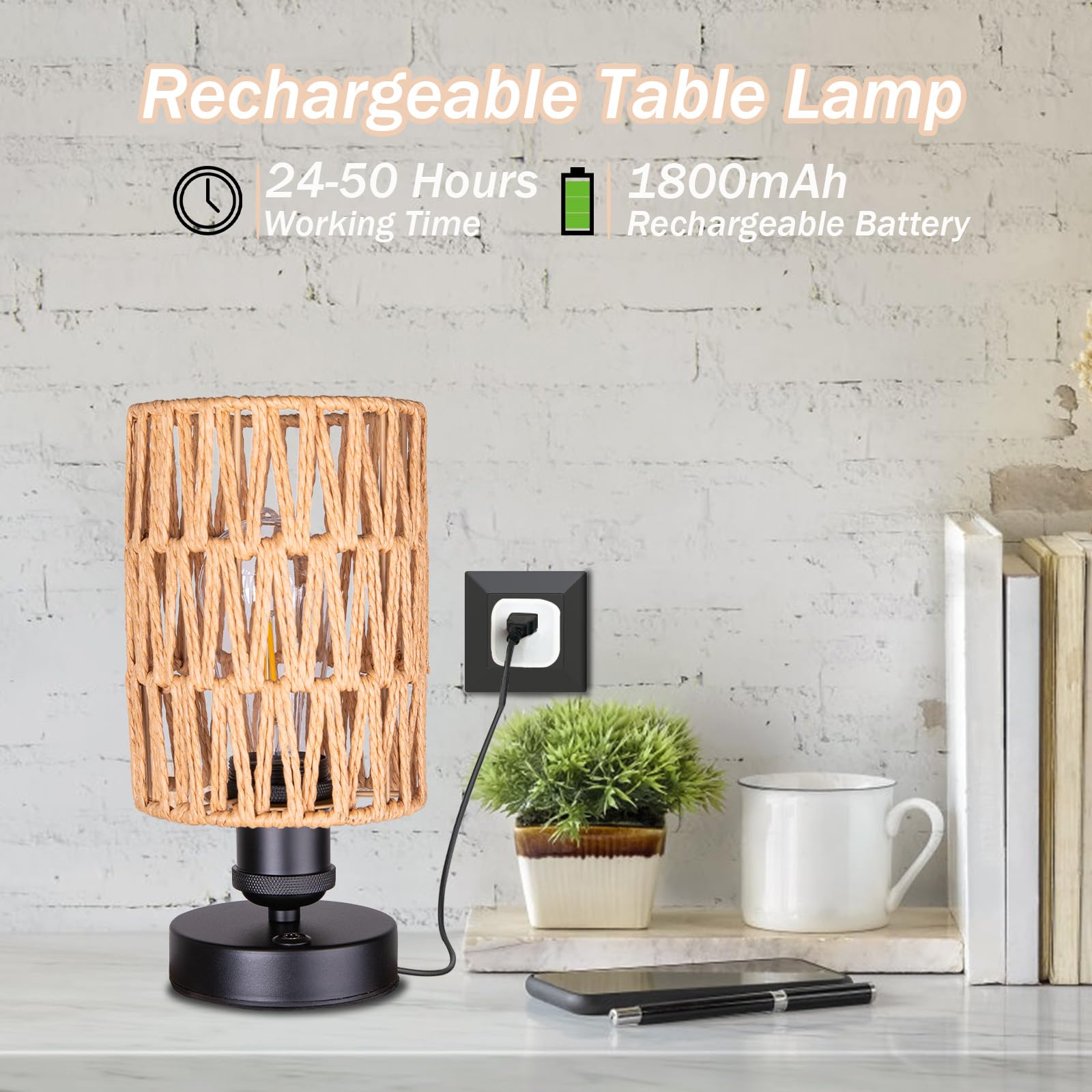 ALL FORTUNE Cordless Rechargeable Table Lamps, Dimmable Battery Operated Set of 2, Beige for Patio, Living Room, Bedroom - Bulb Included