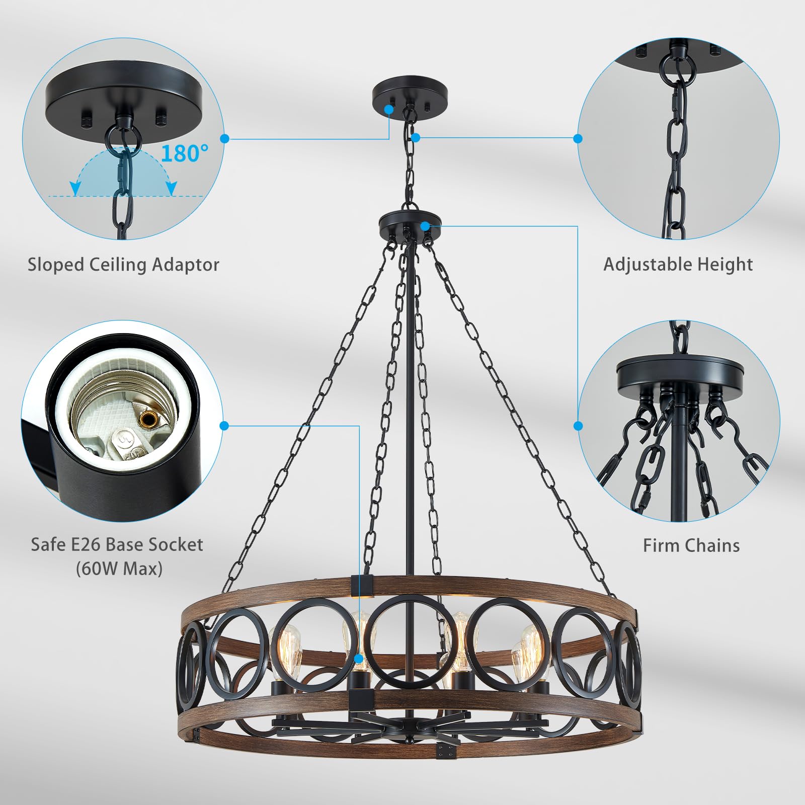 XINGQI 8-Light Modern Farmhouse Chandelier, Large Black Drum Pendant Light, Metal Shade with Wood Grain Finish for Living Room and Dining Room