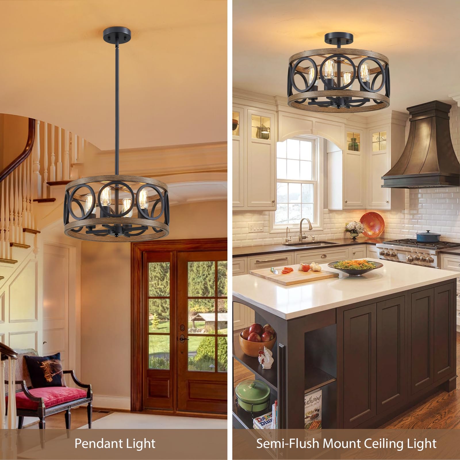 peskoe Black Drum Ceiling Light, 4-Light Rustic Chandelier, 15.9'' Metal Pendant for Dining Room, Bedroom, Kitchen, and Hallway