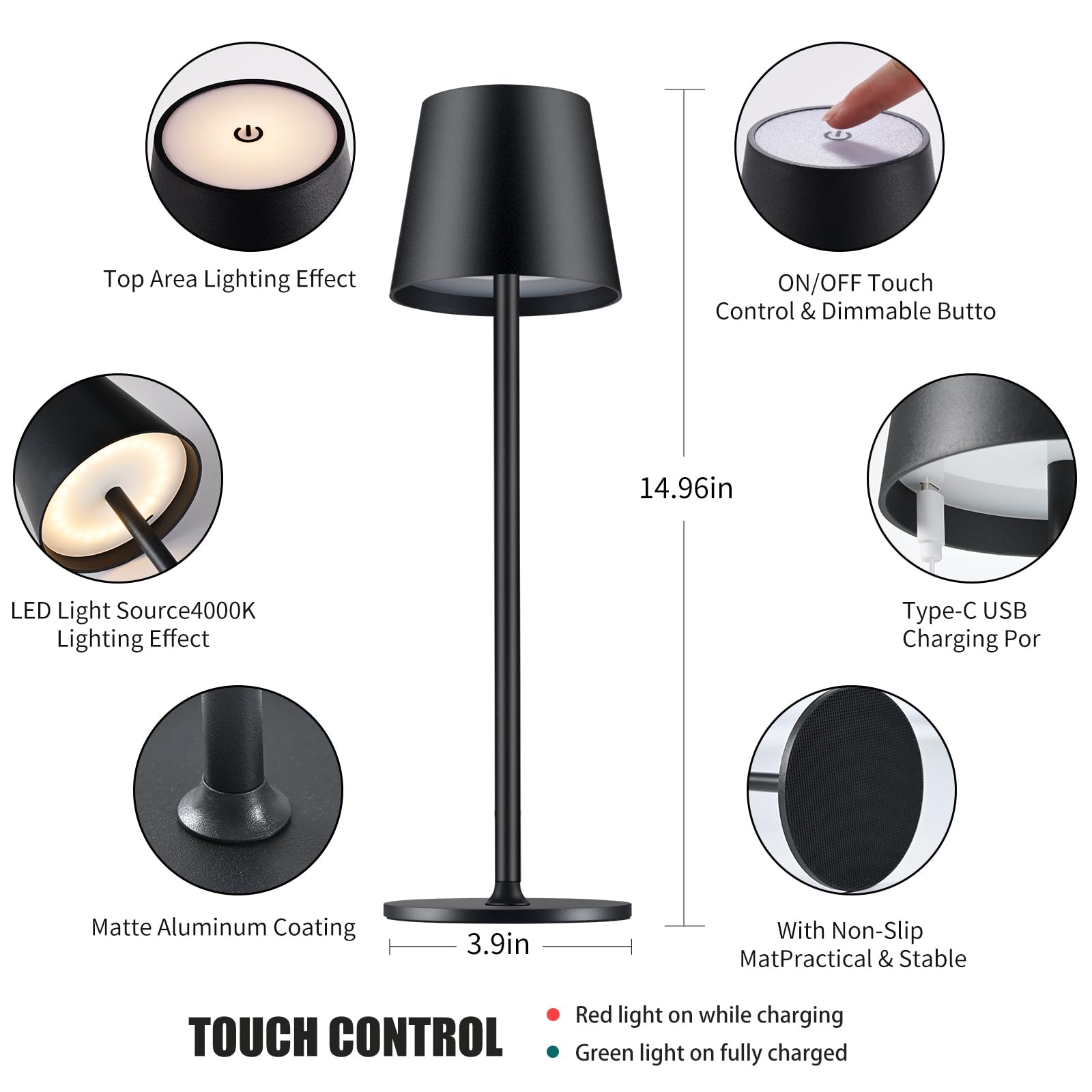 BGFHome Cordless LED Desk Lamp, Rechargeable 5000mAh, Minimalist Design, 4.58"x4.58"x15.62", 2 Pack, Black