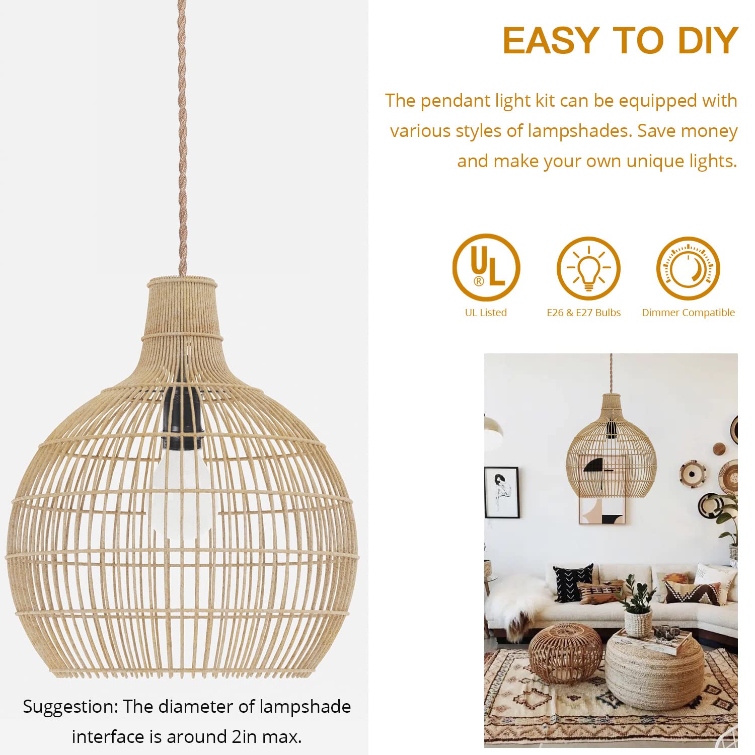 JACKYLED Boho Pendant Light Kit, Hemp Rope Fixture, E26/E27 Socket, Adjustable Cord, Black, Model JACKYLED753