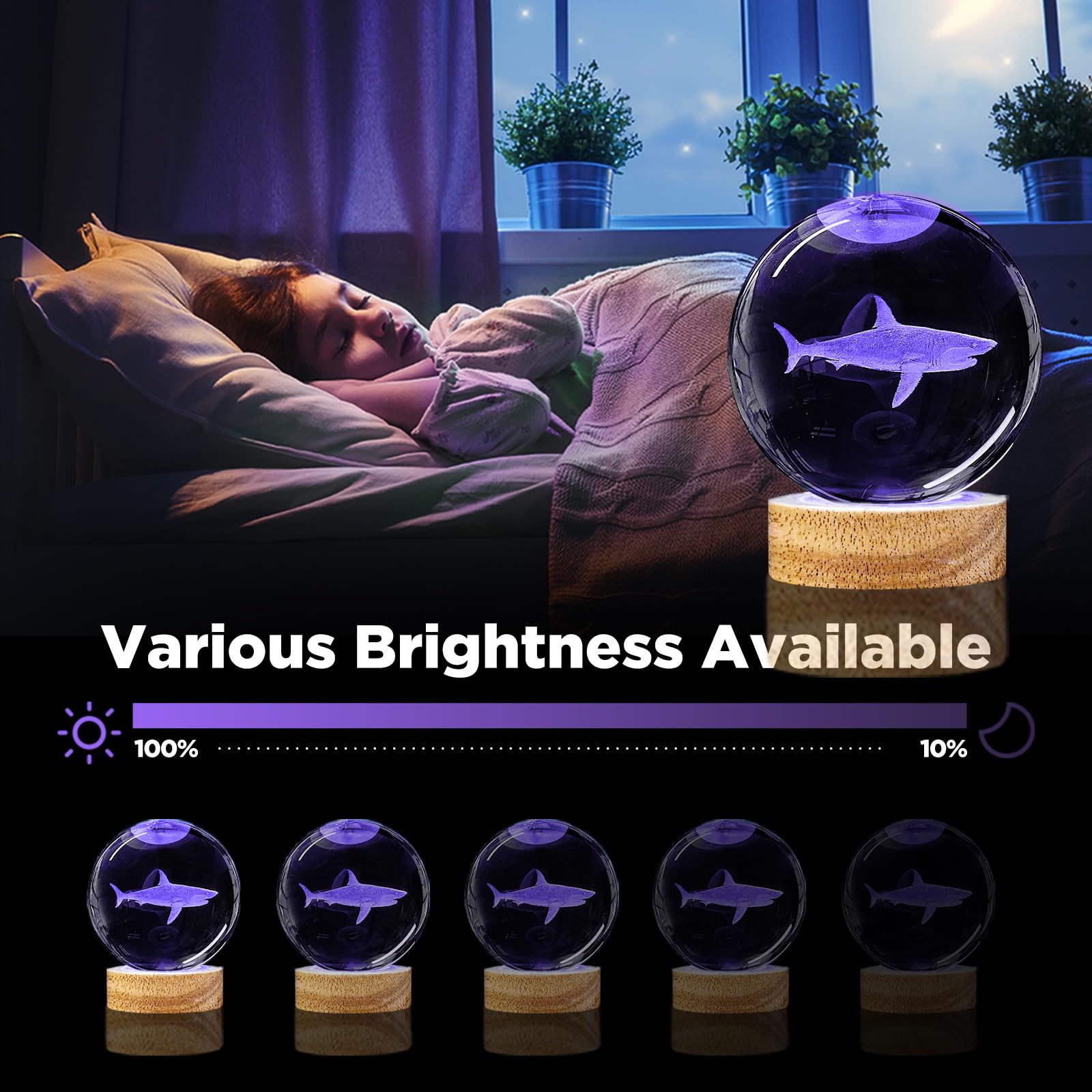 3D Shark Crystal Ball Night Light With Remote Lifelike 3.15 In Shark Sea Animal Glass Ball Lamps With 16 Color Led Wooden Base For Birthday Holiday  Cool Shark Toy Room Decor Gifts For Boys Girls Kids
