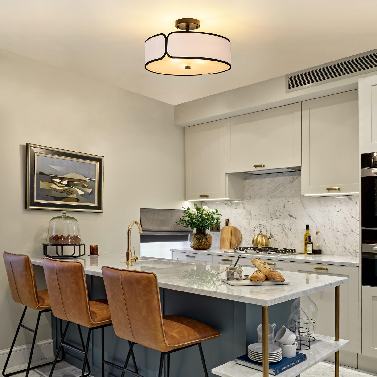 16'' Semi Flush Mount Ceiling Light - 3 Lights Drum Light Fixture With Black Border White Fabric Shade, Farmhouse Close To Ceili