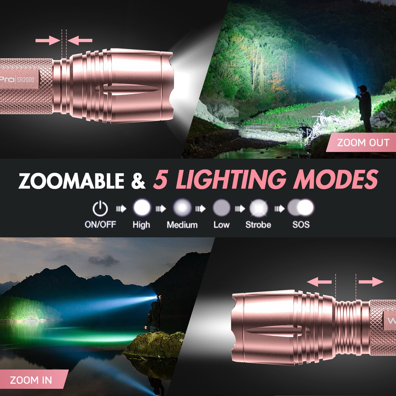 WdtPro LED Flashlight SR2000 Pro, 2 Pack, 5 Modes, Zoomable, Aluminum, Pink