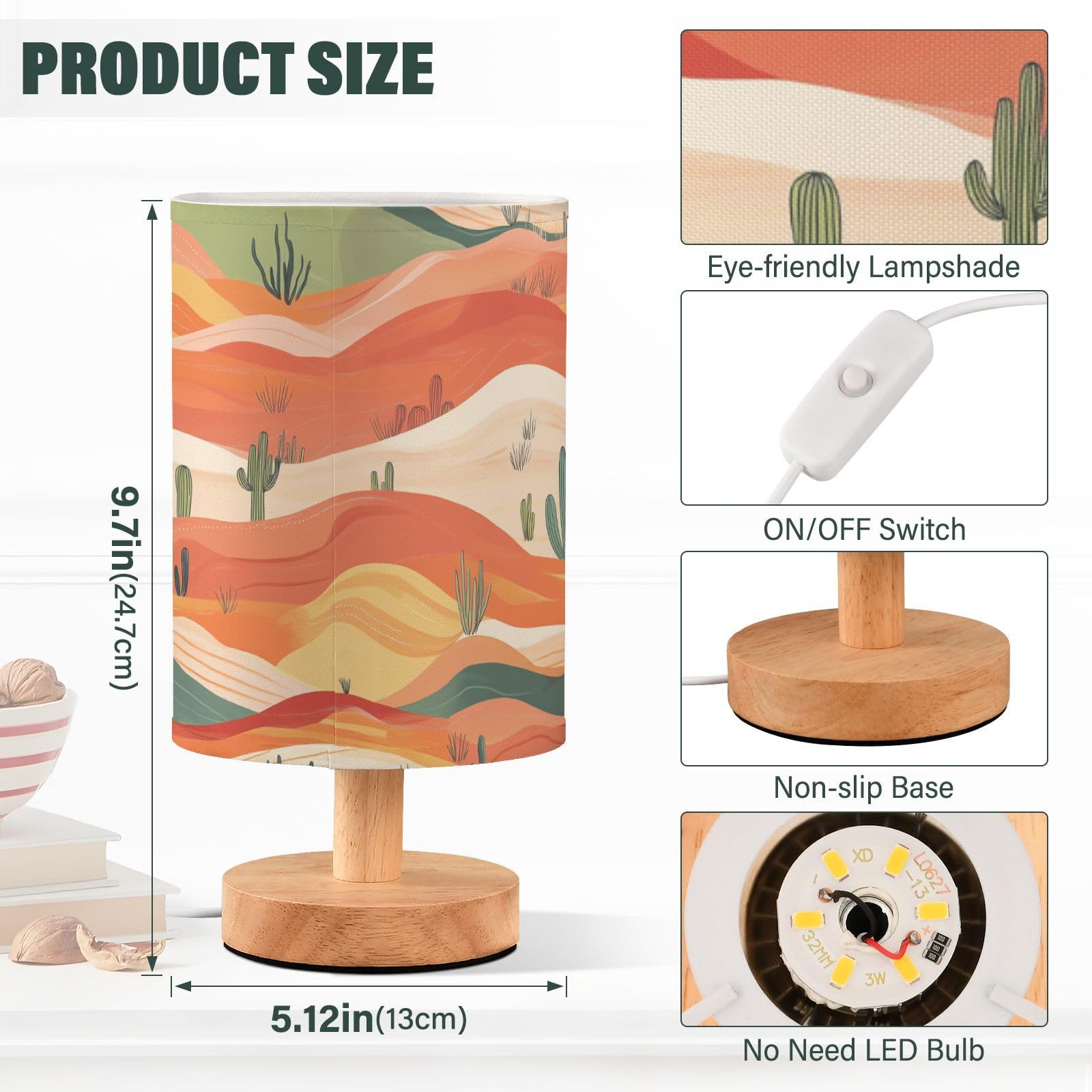 Oarencol Bedside Table Lamp Western Desert Cacti Nightstand Lamp With Wood Desk Lamps For Bedroom Living Room Nursery Office Hom