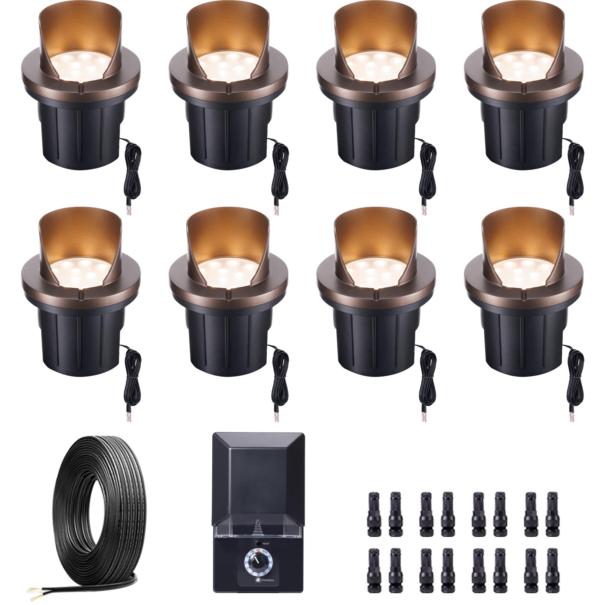 Varmtalys Landscape Well Light Kit, 8 Pack LED Low Voltage In Ground Lights and 100W Transformer and 100FT Cable and 30 Wire Con