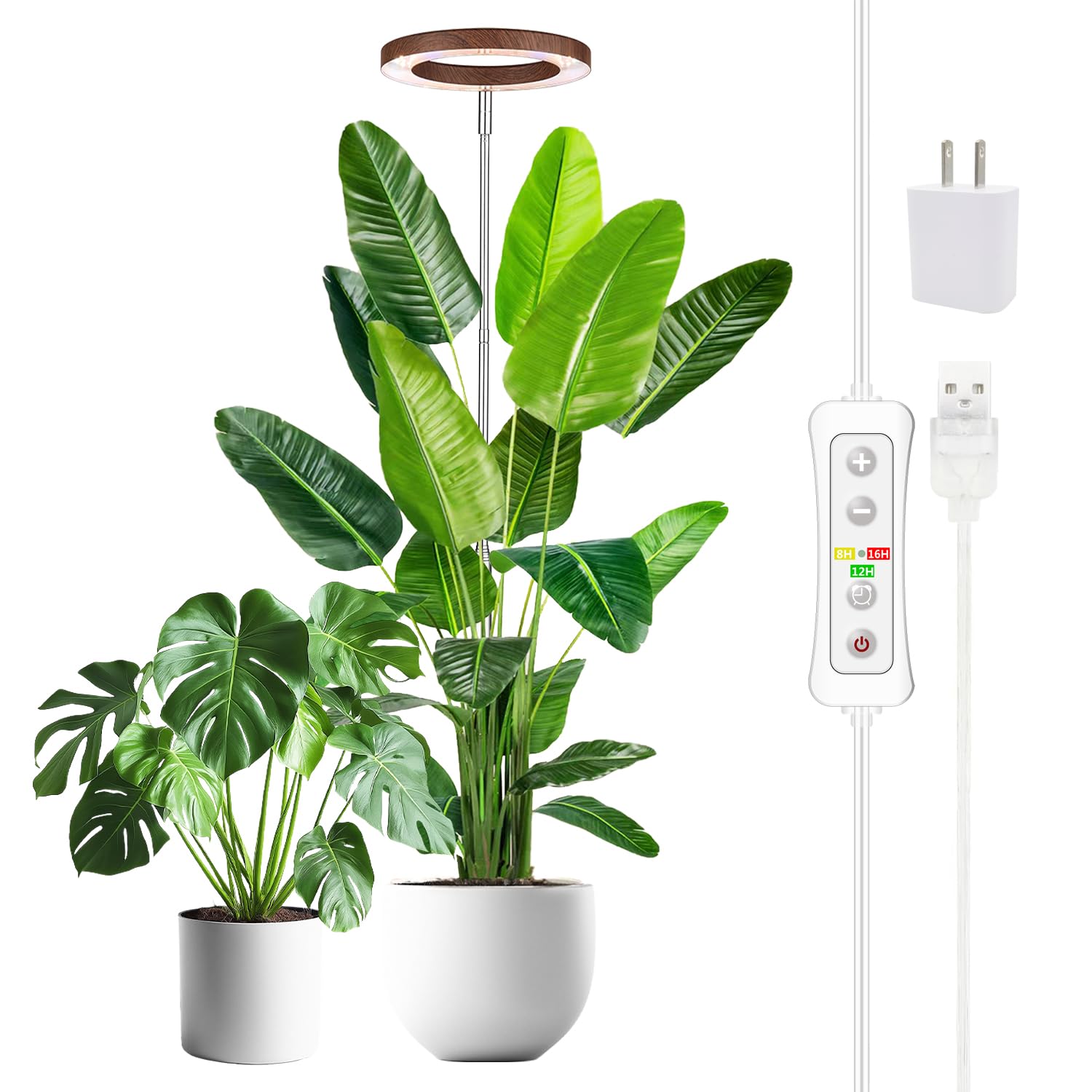 yadoker Plant Grow Light  LED Growing Light Full Spectrum for Indoor Plants Aluminum Walnut Wood Grain Plant Lights Height Adjustable  Automatic Timer  5V Low Safe Voltage Idea for Large