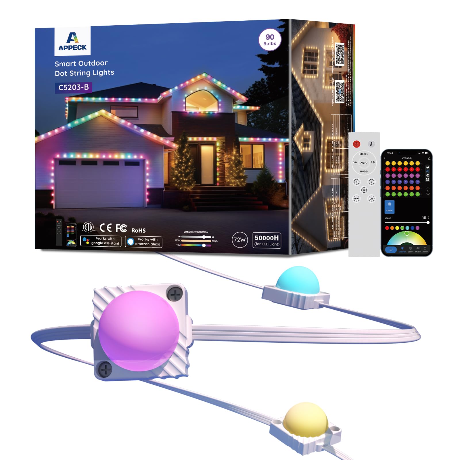 APPECK Outdoor LED Band Lights 100FT with 90 LEDs  Permanent Outdoor Lights IP65 Waterproof  60lm Warm White Permanent Lighting for Eaves Garage Porch Storefront Daily Holiday Decor  Works with Alexa