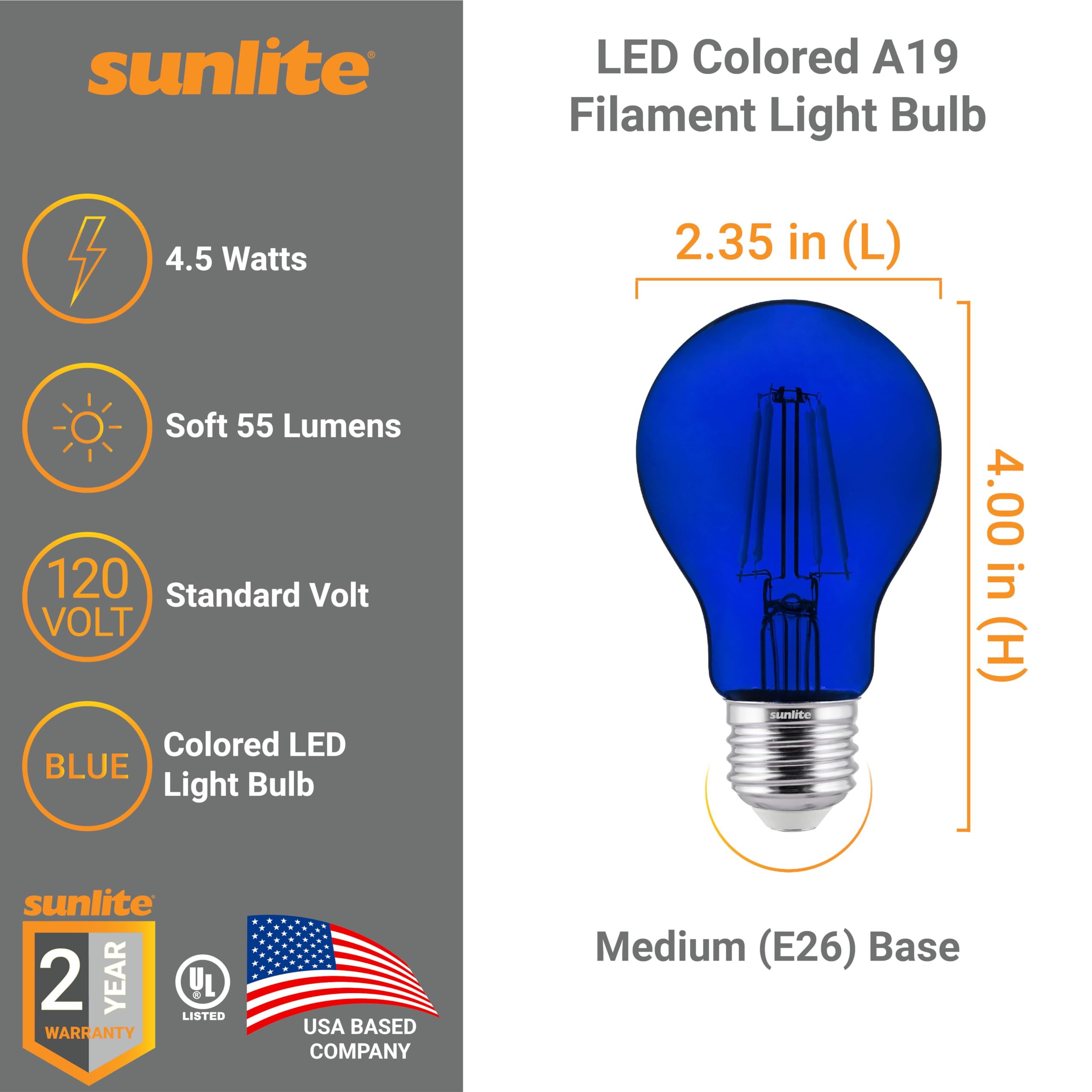 Sunlite 40940 LED Colored Filament A19 Light Bulb, 4.5 Watts, Medium E26 Base, 120 Volts, Transparent Blue, Dimmable, 320 Degree