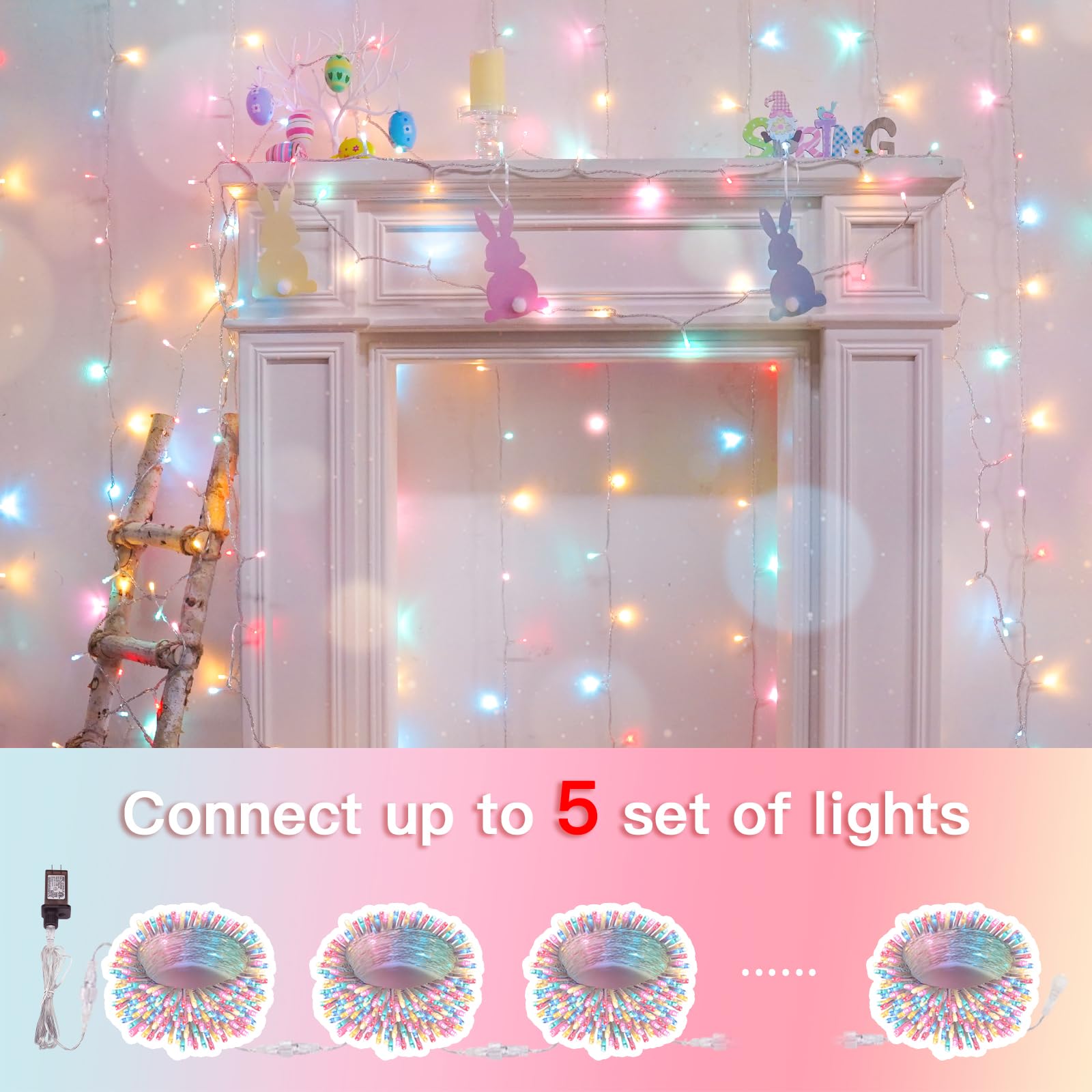 Suddus Easter String Lights Indoor Bedroom, 66Ft 200 Led Christmas Lights Outdoor Clear Wire Connectable, Plug In Fairy Lights W