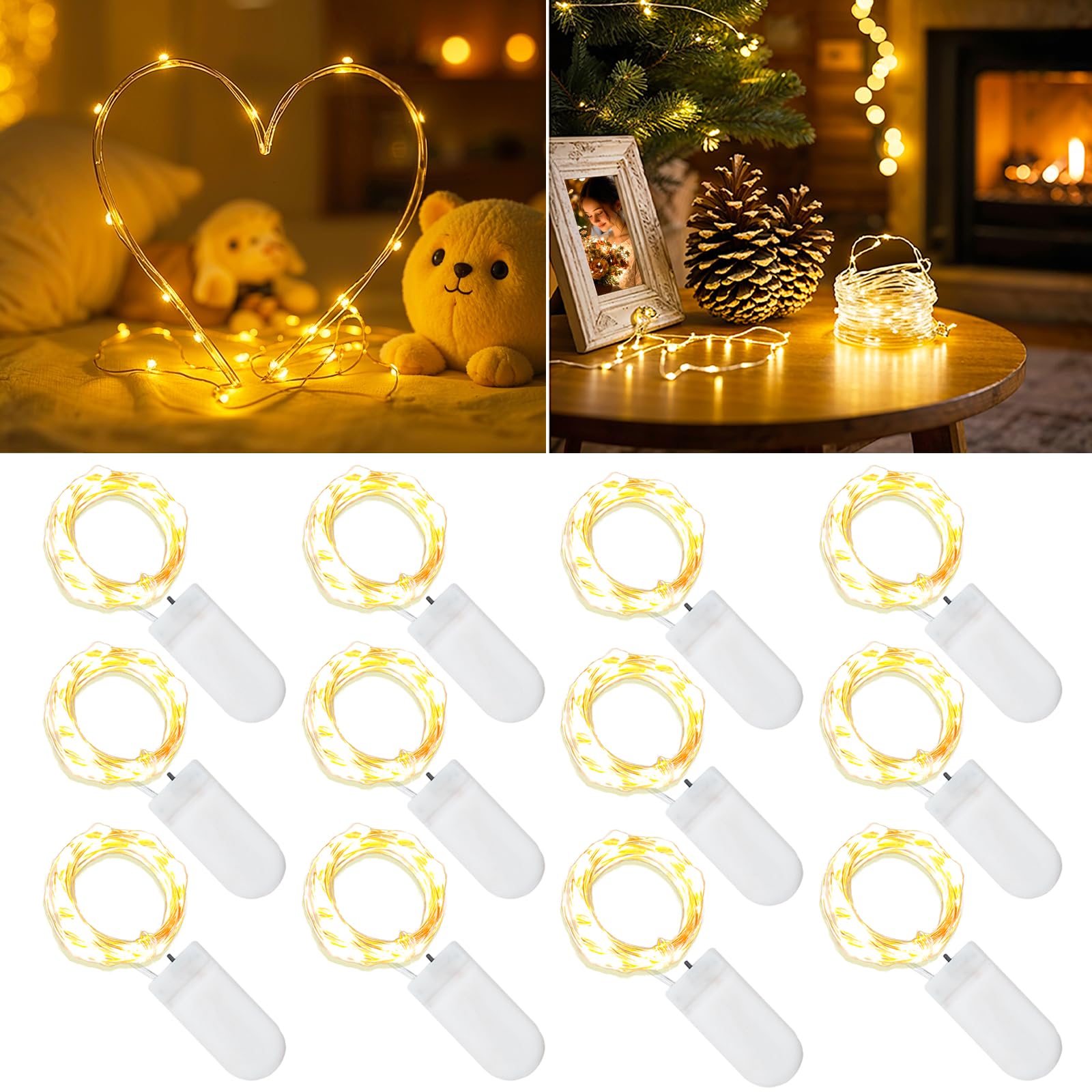 Etinga 12-Pack Fairy String Lights, 7ft 20 LEDs Each, Battery Operated Copper Wire Lights, Warm White Decorative Lights for Wedd