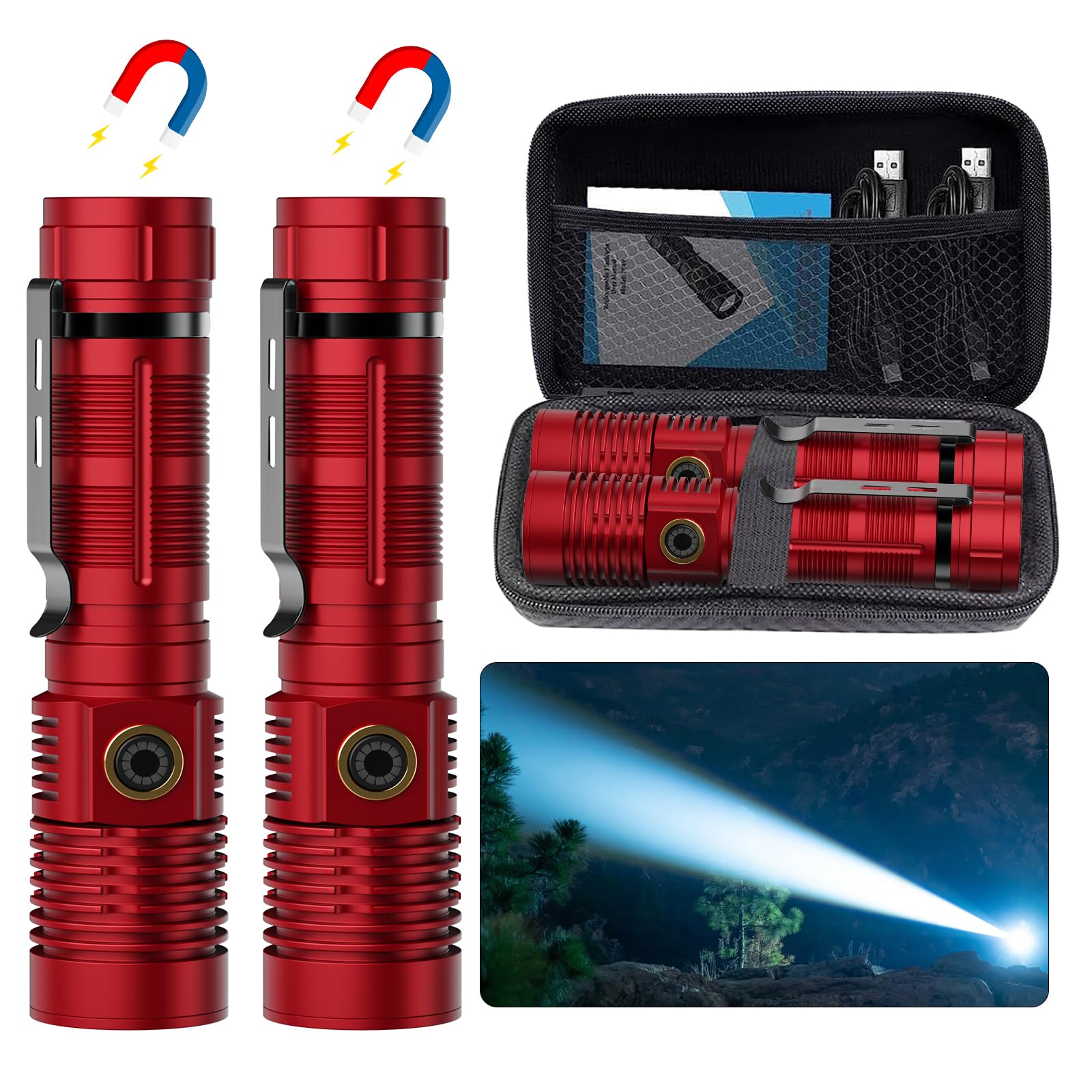 Hoxida Small Tactical Flashlight - 1500m Long Beam, Super Bright LED, USB Rechargeable, Zoomable, 5 Modes, Aluminum, Red, Model K2301