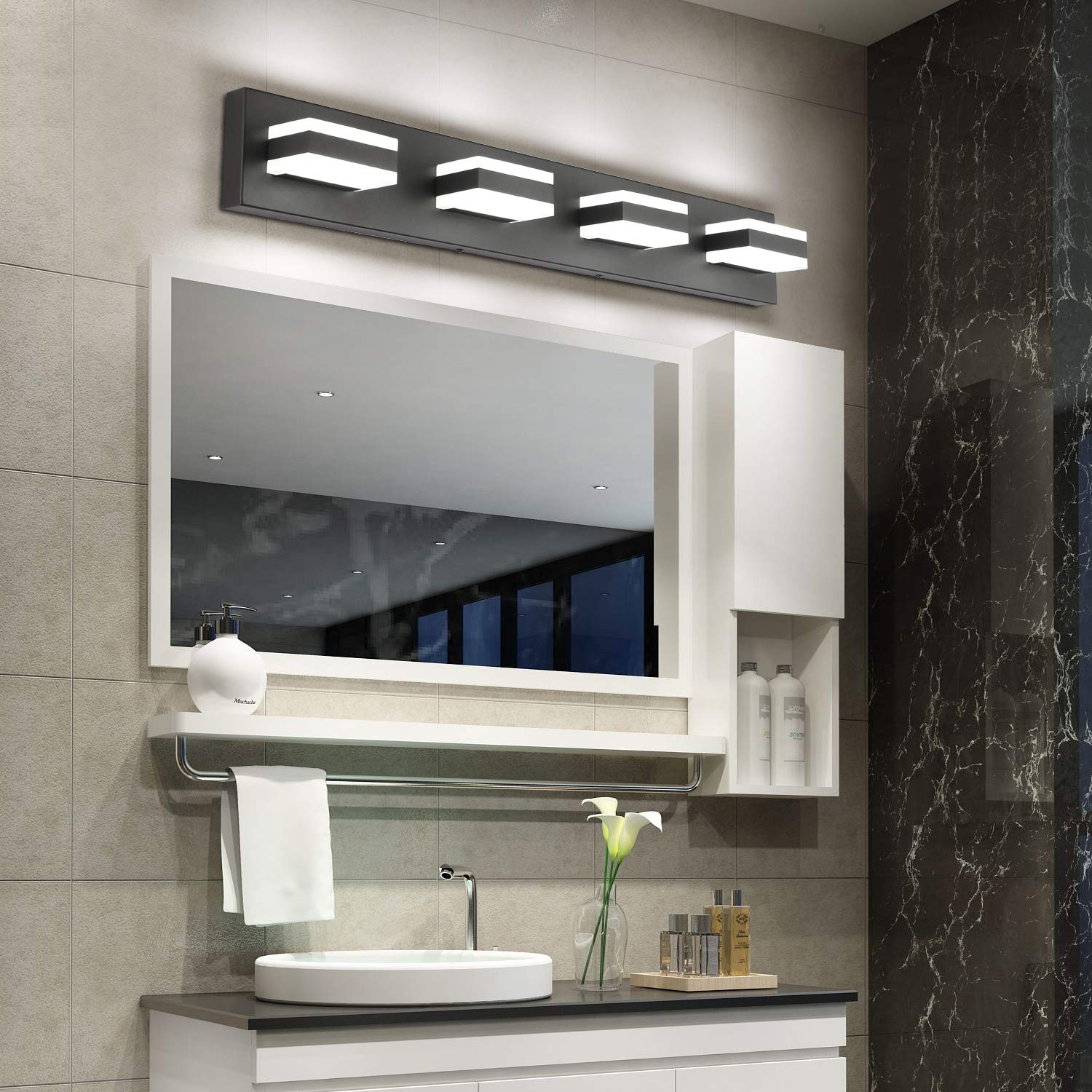 SOLFART Modern LED Bathroom Vanity Lights, 29.5 Inch, 4 Lights, Acrylic Shade, Matt Black Finish, Model S8568-4T-6000K-ND