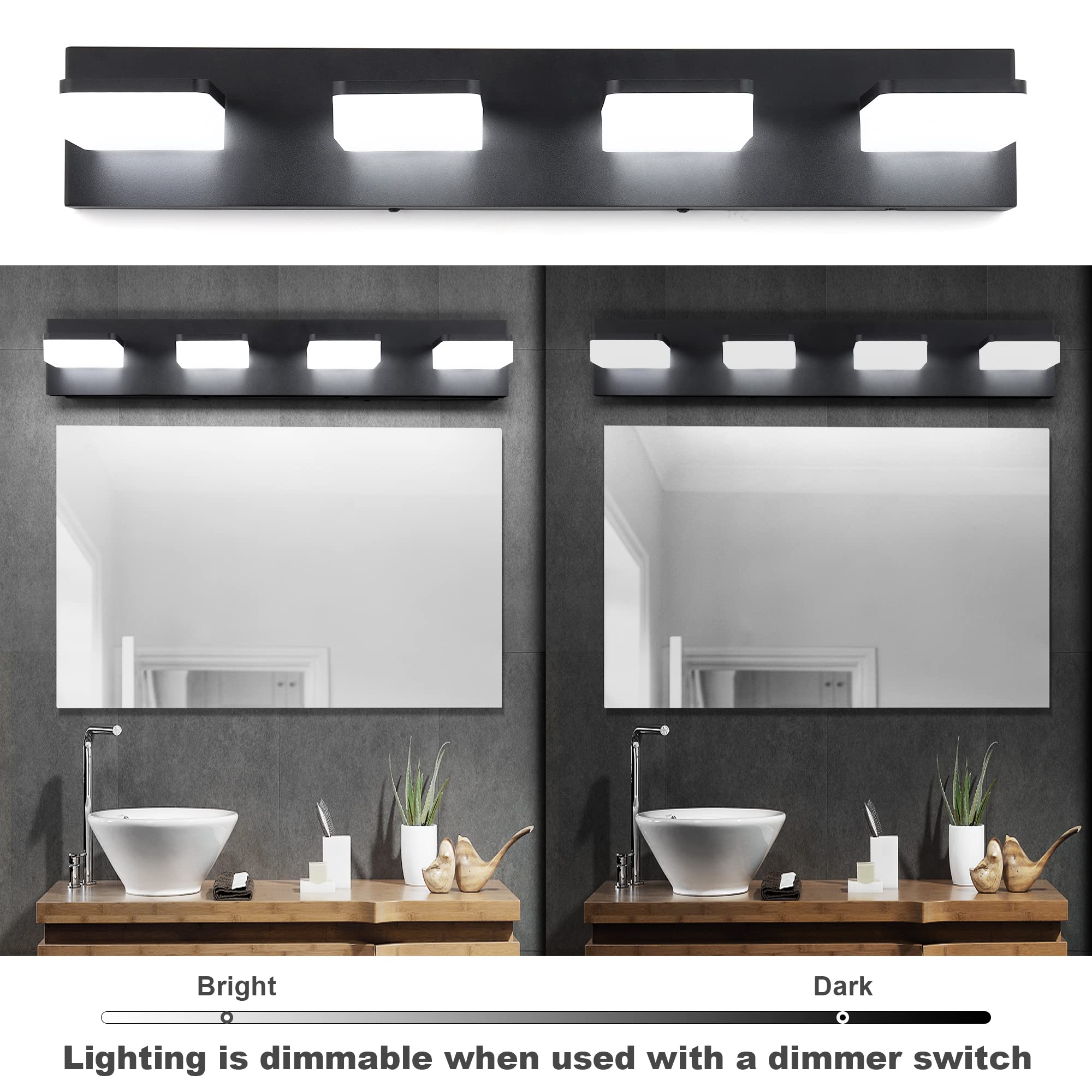 Goodate Dimmable Black Led Vanity Light, 4 Light Fixtures, Adjustable 3000K/4000K/6000K