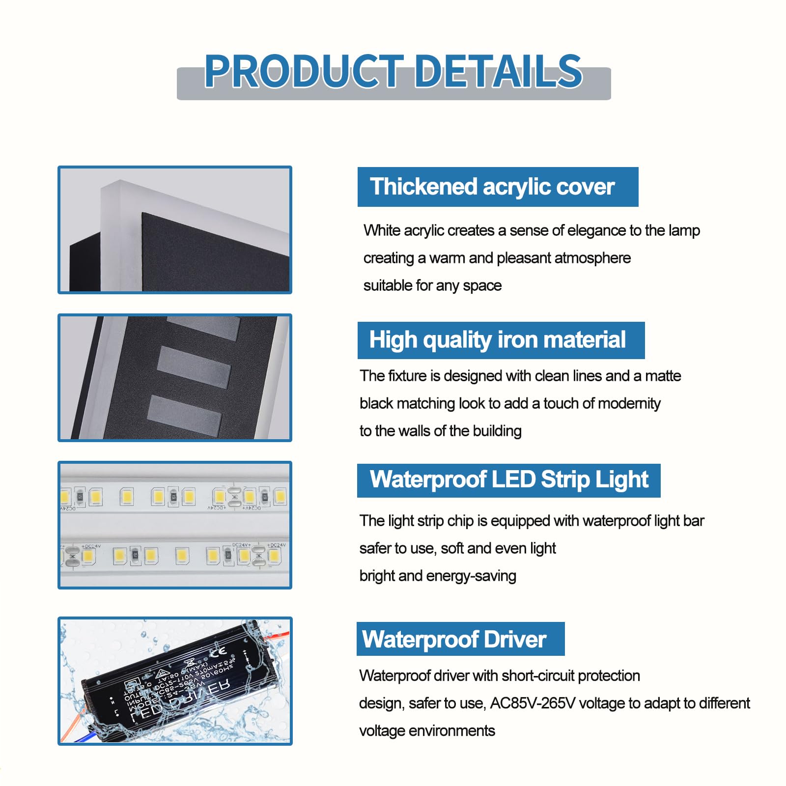 Rosysky Outdoor Wall Sconce 18W Led Exterior Light Fixture 3000-6000K Modern Outdoor Sconce 13.8In Elegant White Acrylic Waterproof Porch Lighiting For Porch Patio House Garage Courtyard