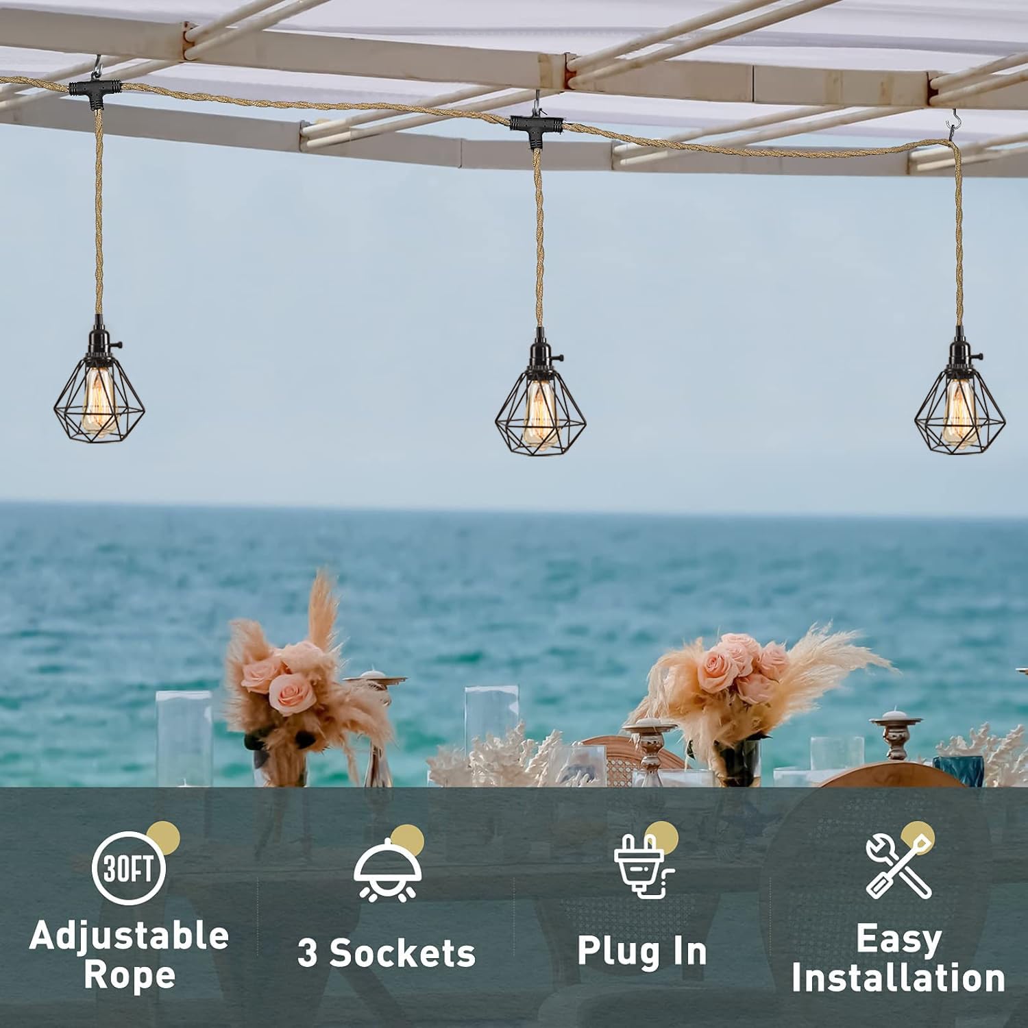 Kenmi 3-Light Hanging Light With Plug In Cord,Plug In Pendant Light 22Ft Hemp Rope Pendant Lighting Vintage 3-Light Metal Cage H