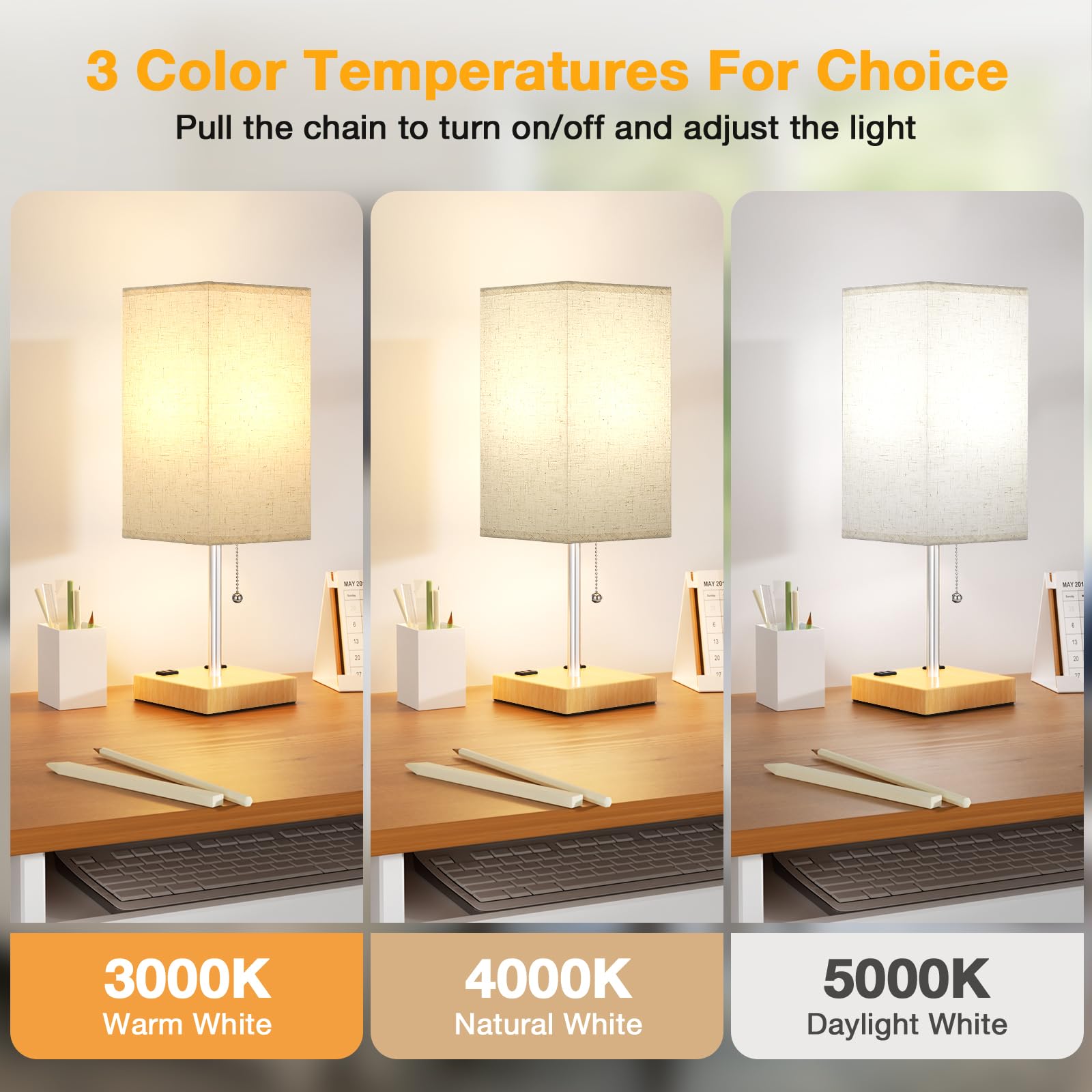 Aooshine Wood Grain Small Table Lamp For Bedroom - 3 Color Temperature 3000K 5000K 4000K Bedside Lamp, Pull Chain Control, Usb A