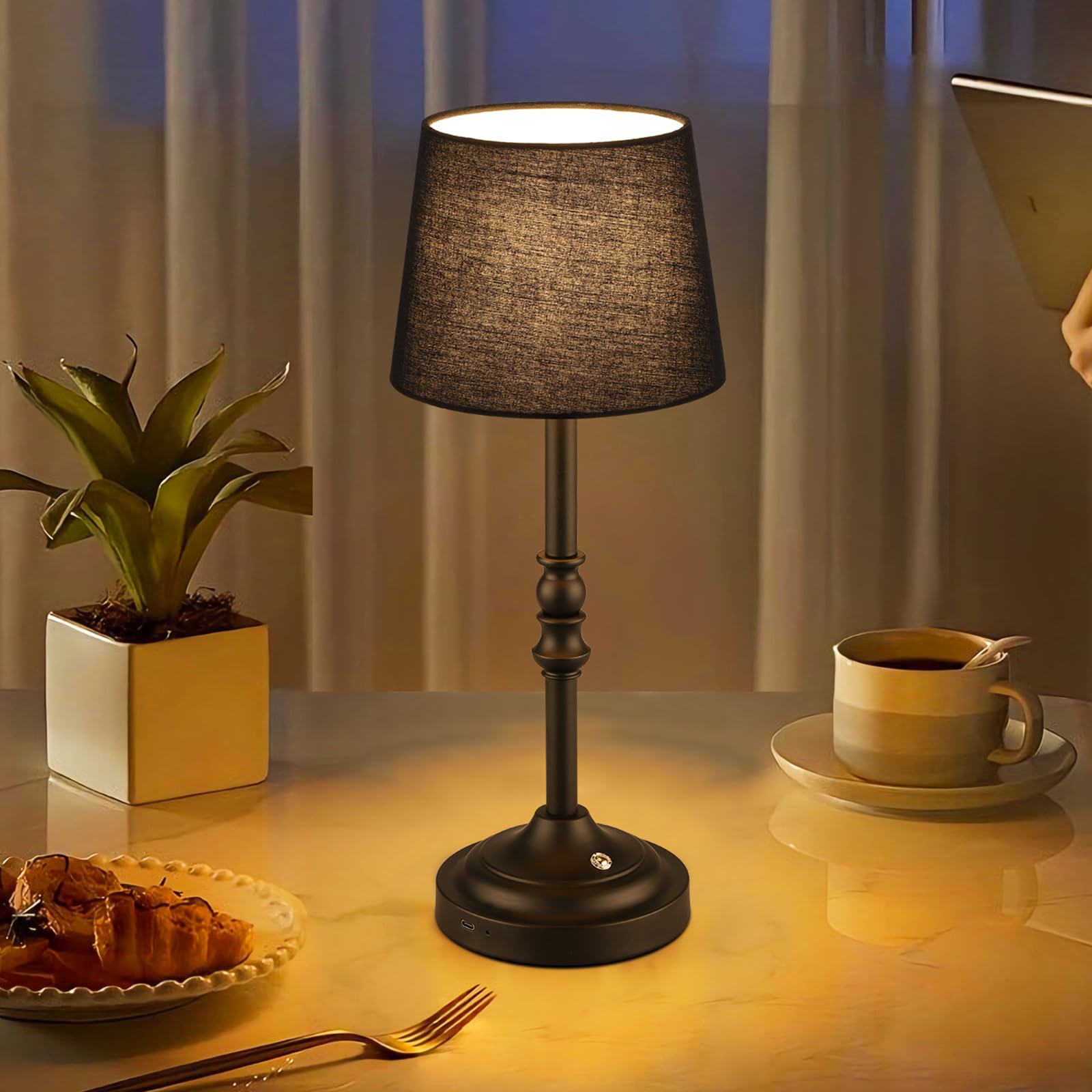 Ggoying Set Of 2 Rechargeable Cordless Led Table Lamps, 4-Level Dimmer, Black Portable Desk Lamps With Black Fabric Shades, Nigh