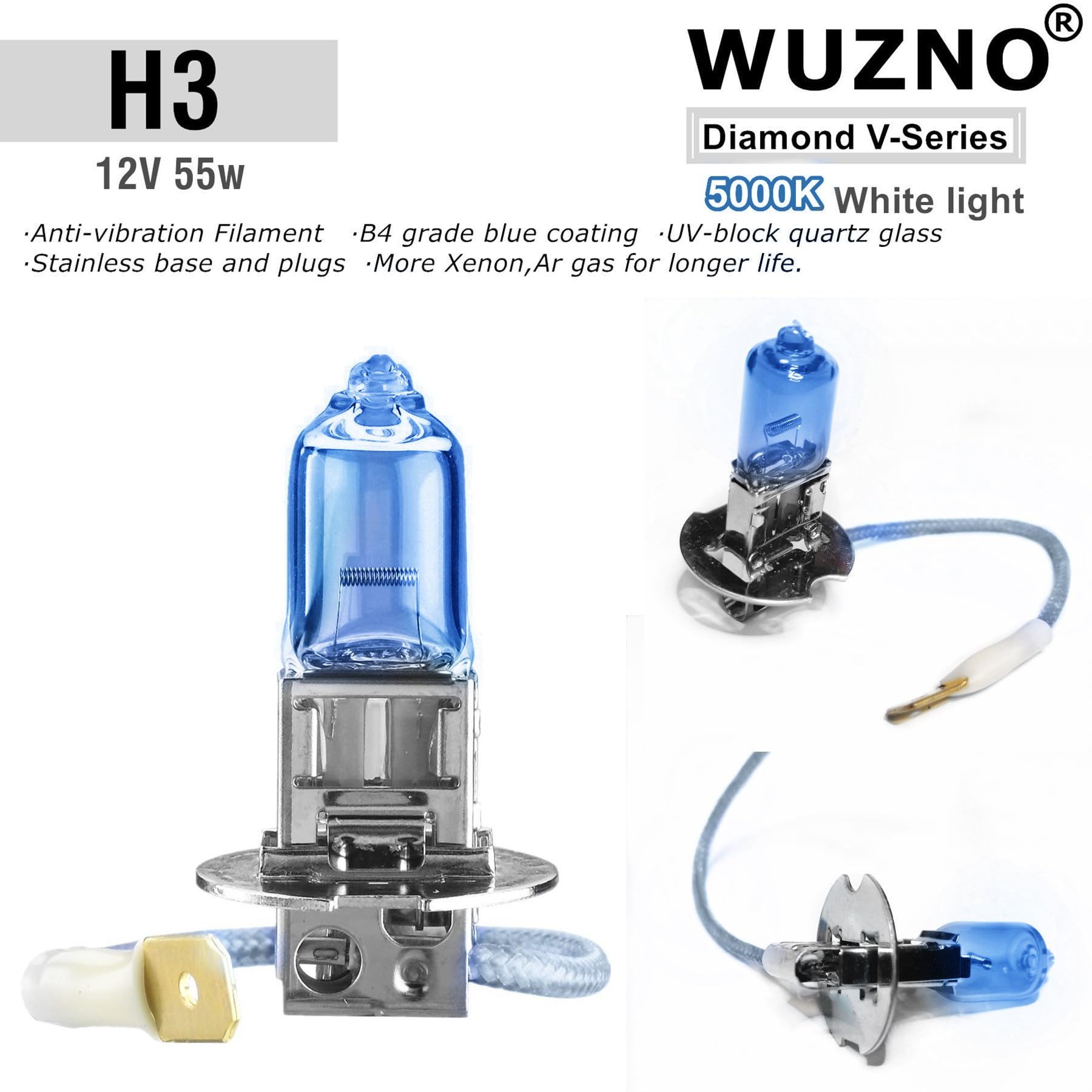 Wuzno H3 Halogen Headlight Fog Light Bulb 12V 55W 5000K Model WZ-5K2H3 2-Pack