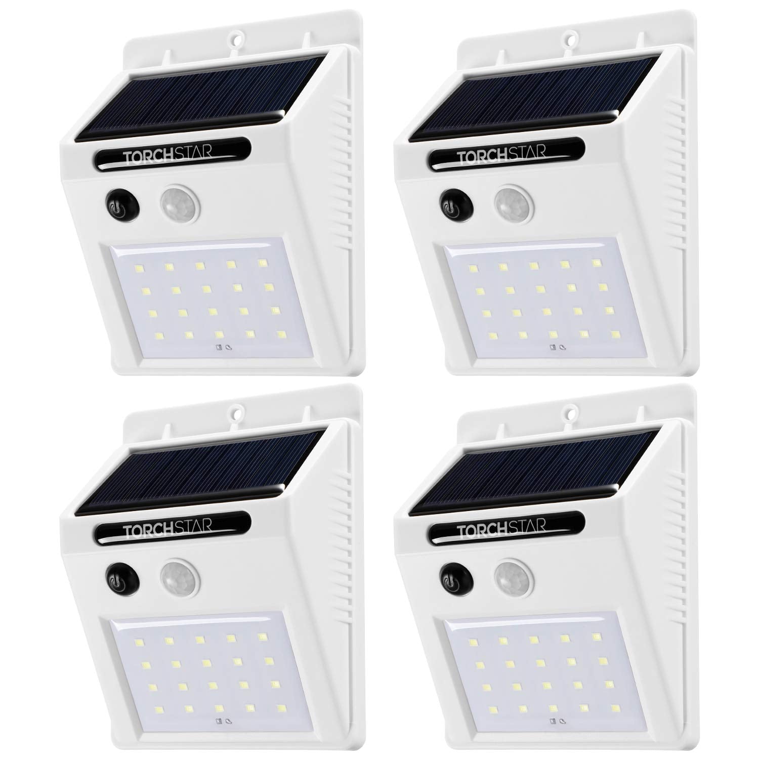 TORCHSTAR Outdoor LED Solar Motion Sensor Light, IP65 Waterproof, Pack of 4, 6500K Pure White, Model R1-ZA1SP-2W60WHT-4