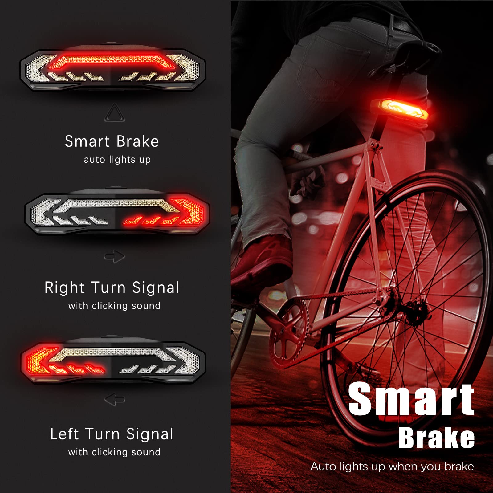WSDCAM Smart Bike Tail Light with Turn Signals, Brake Light, Black, Waterproof, Rechargeable, Remote Control, Bike Alarm Horn