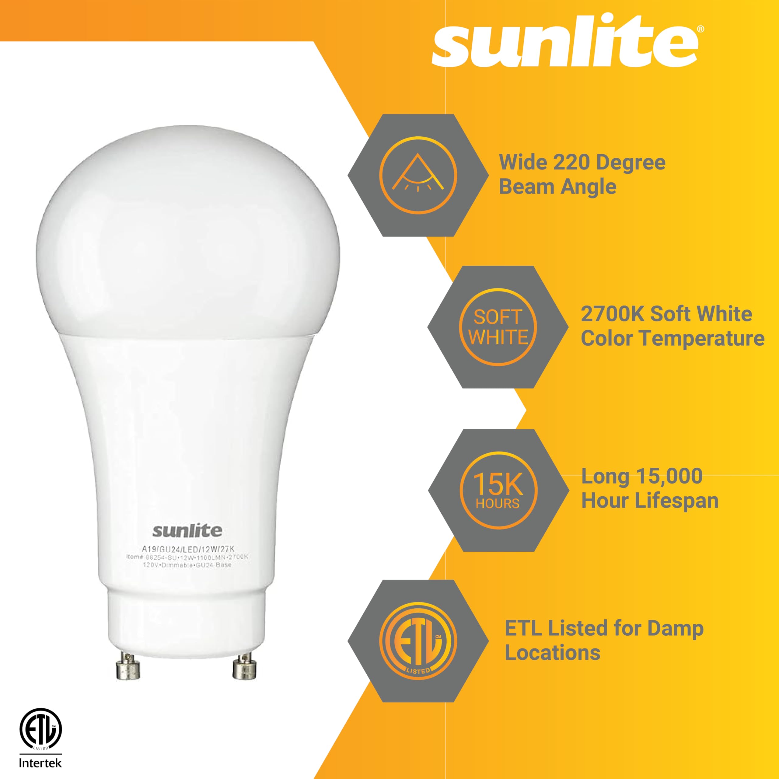 Sunlite A19 Gu24 Dimmable Light Bulb, 11 Watts (75W Equivalent) 1100 Lumens, 2 Prong Led Twist And Lock Base, Etl Listed, Rated