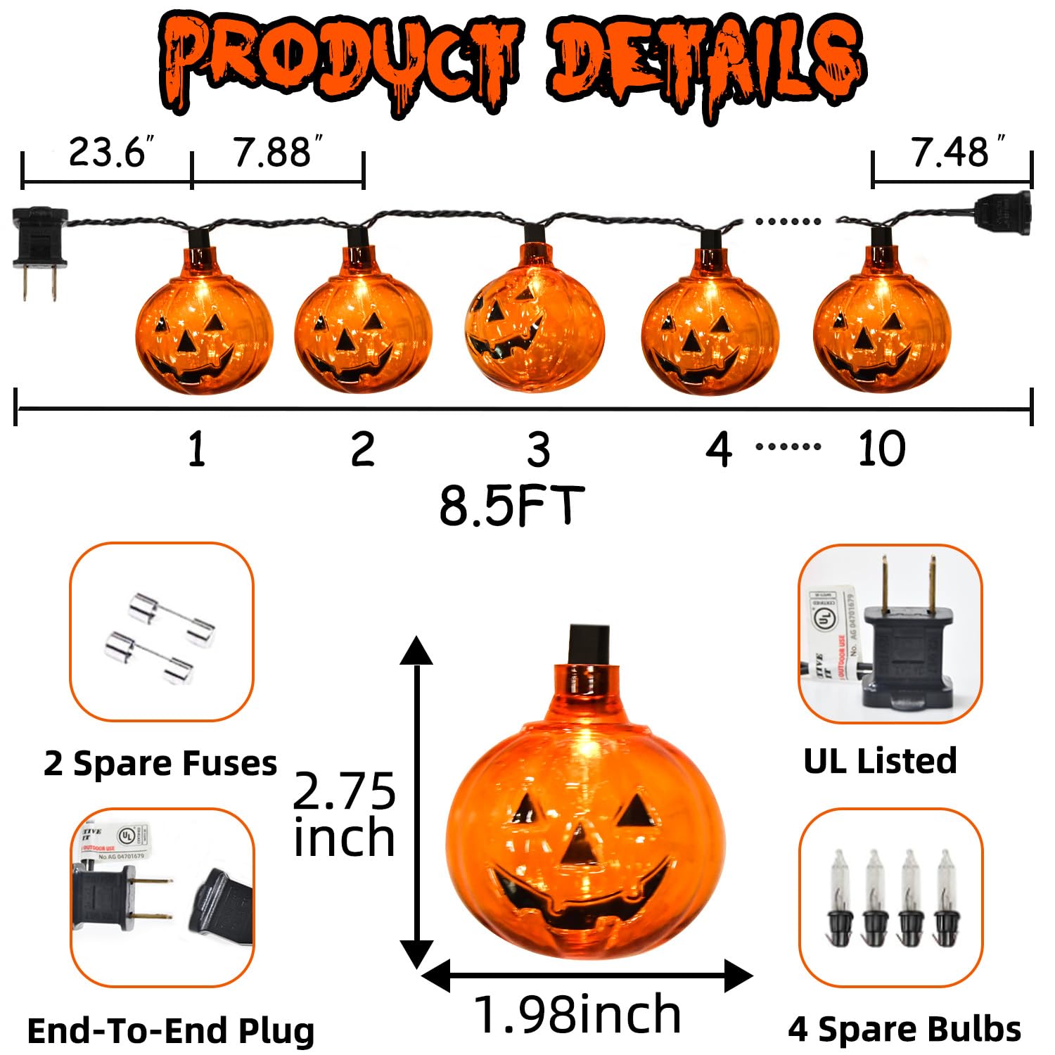 Pasuto Halloween Lights Pumpkin String Lights, 8.5 Feet Pumpkin Lights With 10Pcs Pumpkin Lantern Lights, For Halloween Indoor Outdoor Party Yard Home Decor Lights (Orange Incandescent Bulb)