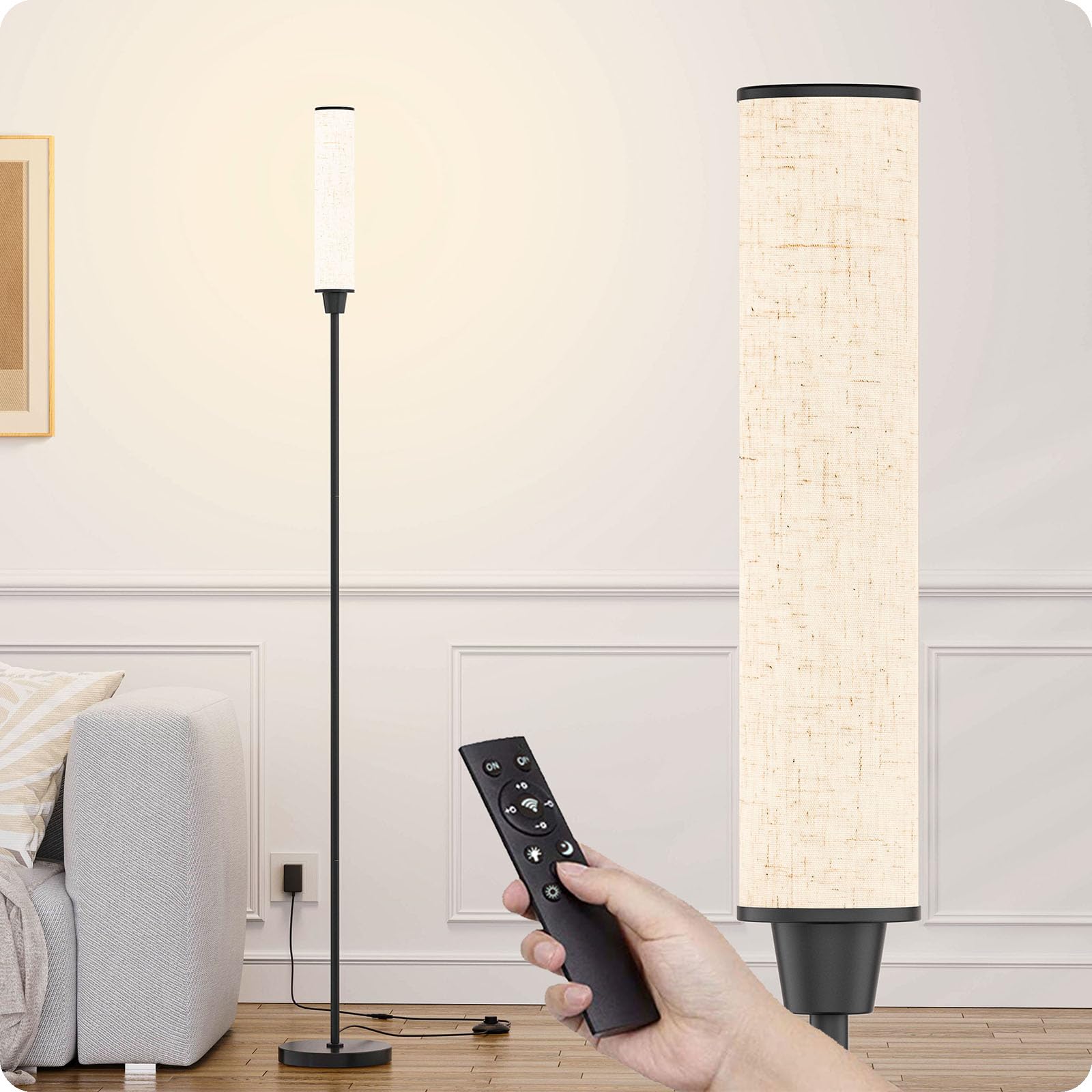 Nukanu Floor Lamp with Remote Control, Stepless Adjustable 3000K-6000K, Black+Beige Linen, Model FLP-DHY