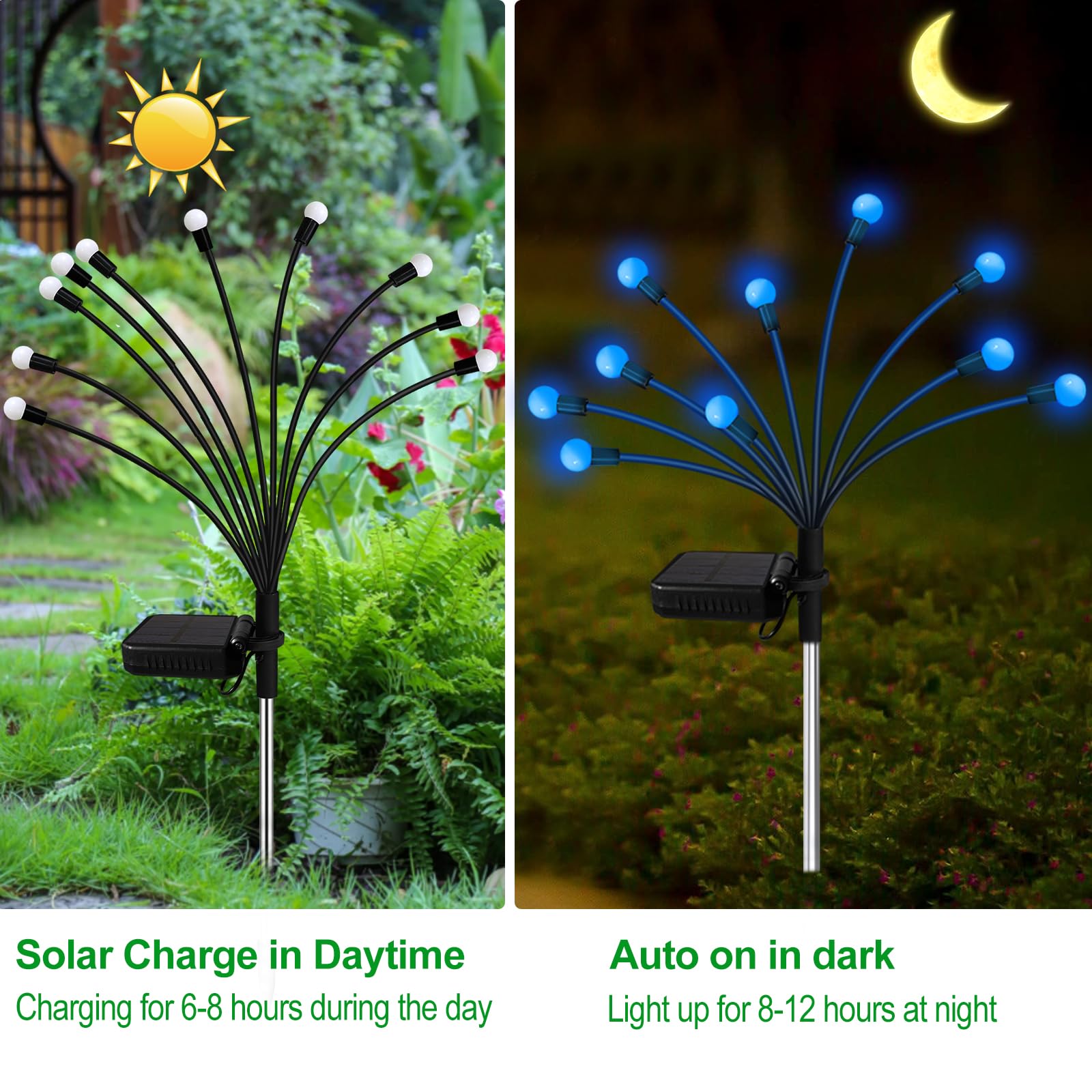 Kohlrabi Solar Garden Lights Outdoor, 10 Pack 80 Led Blue Firefly Lights Waterproof, Sway By Wind, Solar Wind Swaying Light For