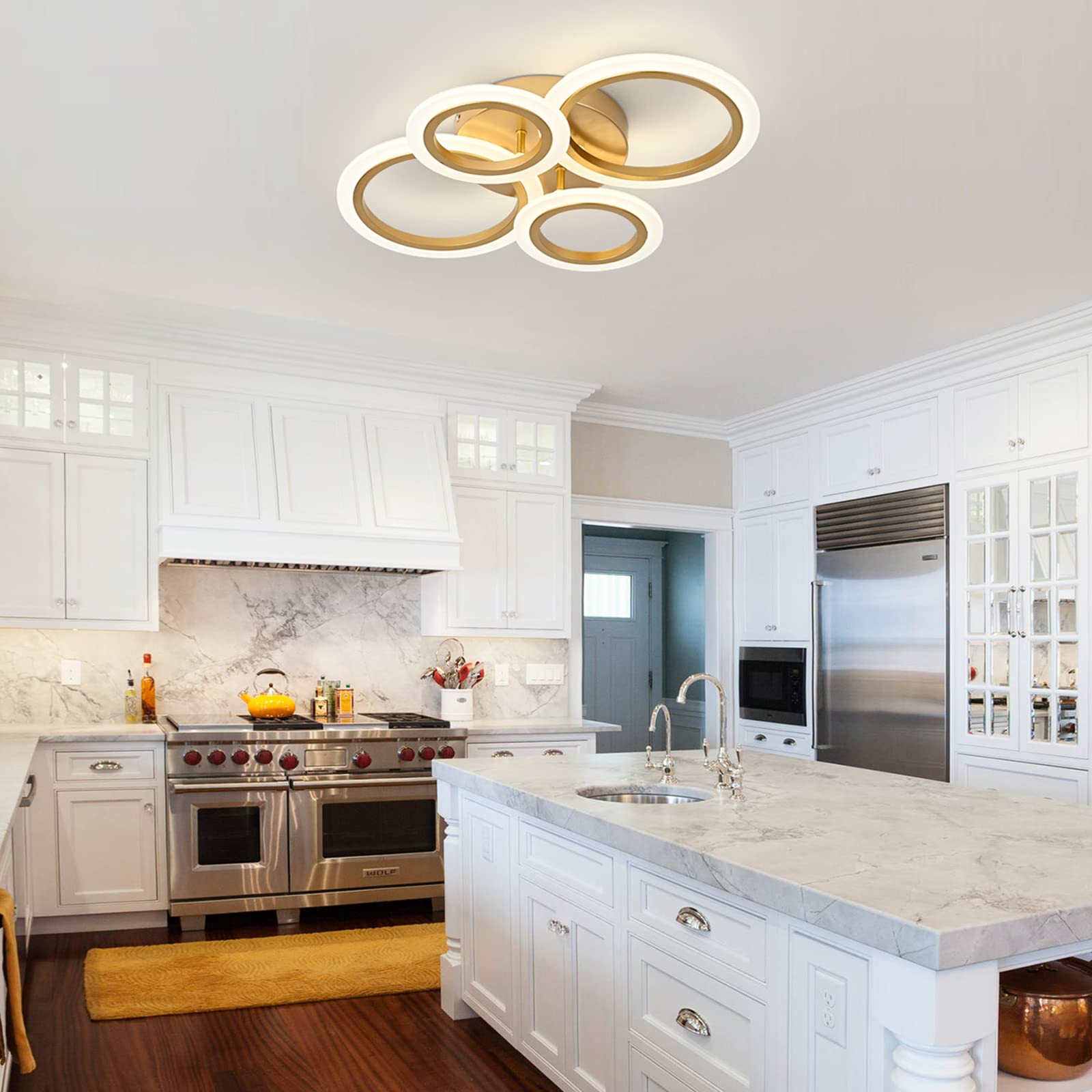 Teminbu Modern Led Ceiling Light, Gold 4 Rings Flush Mount Ceiling Light, 4000K Lighting Fixture Ceiling Lamp For Kitchen, Bedroom, Living Room, Laundry Room