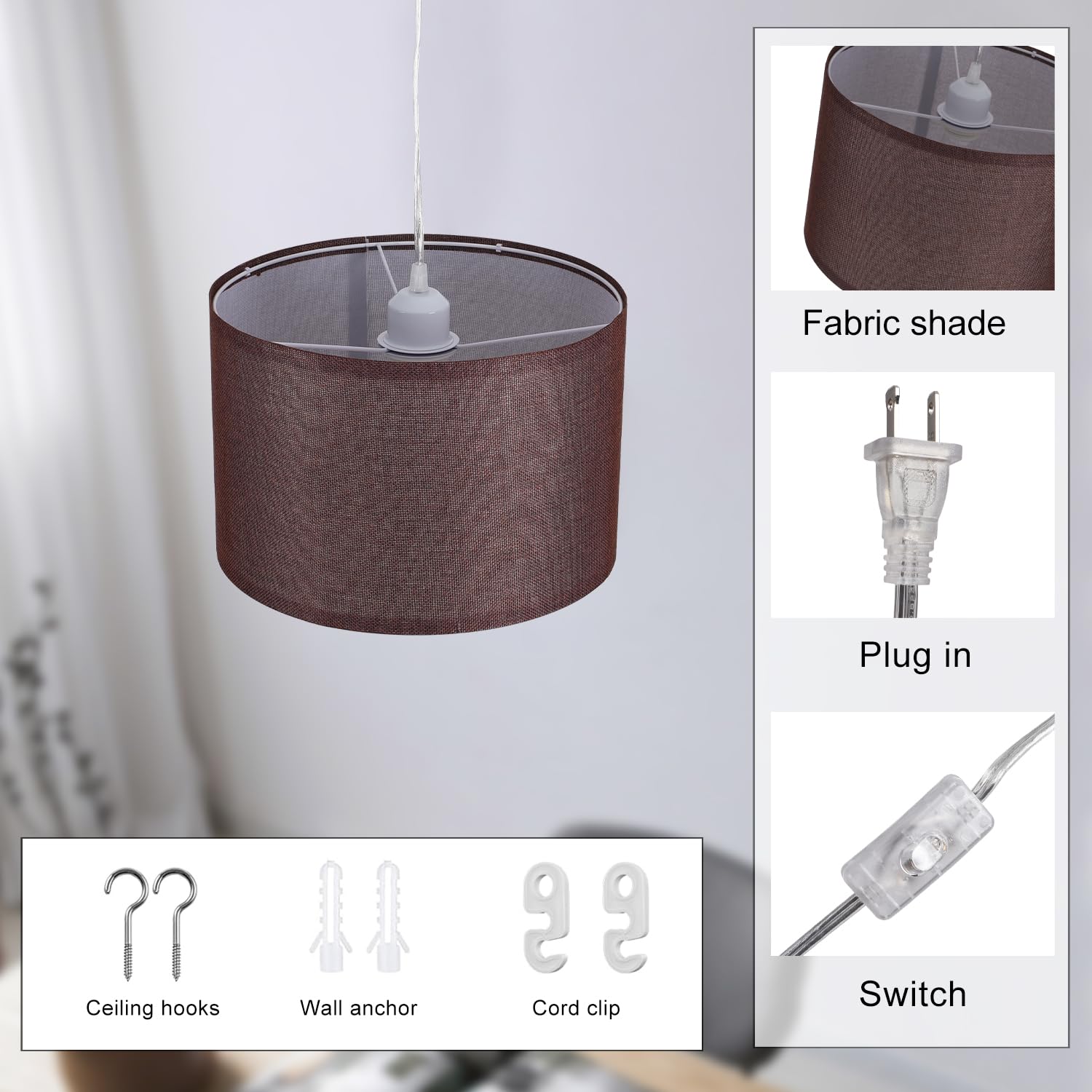 IHENGYANLT Pendant Light with 15Ft Cord, On/Off Switch, Coffee Fabric Shade, Model P450