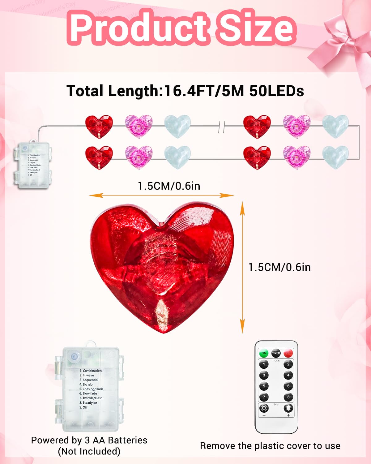 btfarm 16.4FT 50 LED Heart Shaped Fairy String Lights, Remote Timer, 8 Modes, Battery Operated, Waterproof, Pink