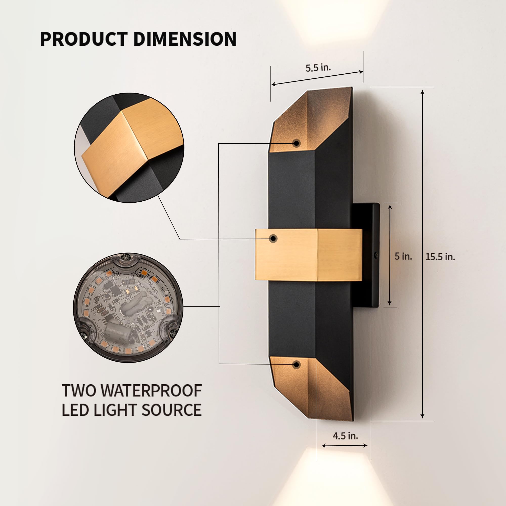 Oupavocs 2-Pack Black Gold Outdoor Wall Lights, Modern Led Sconce For Porch & Patio