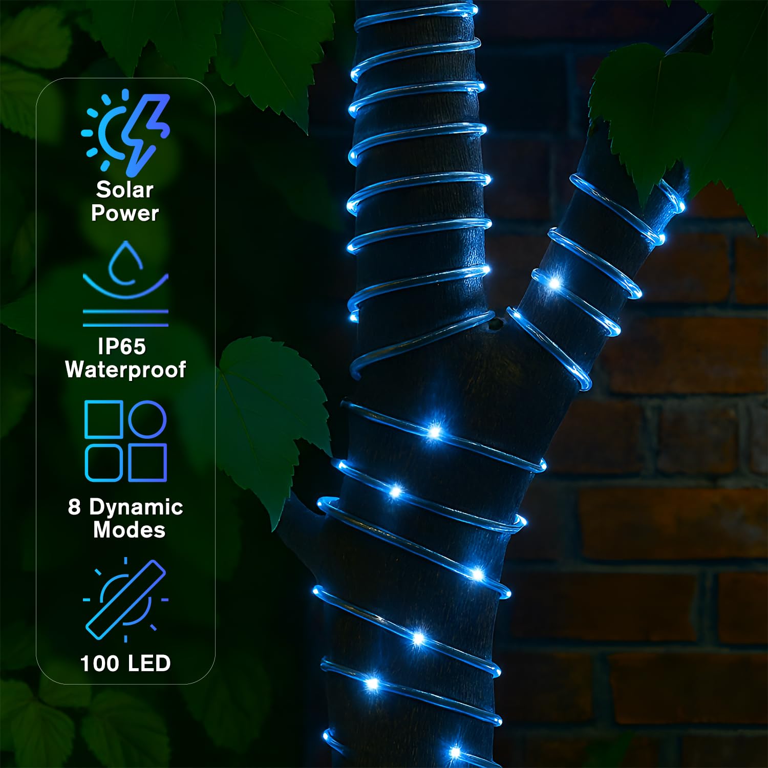 ANJAYLIA Solar Rope Lights, 33FT, 100 LED, Waterproof, 8 Modes, Blue, Model BLUEQZD100